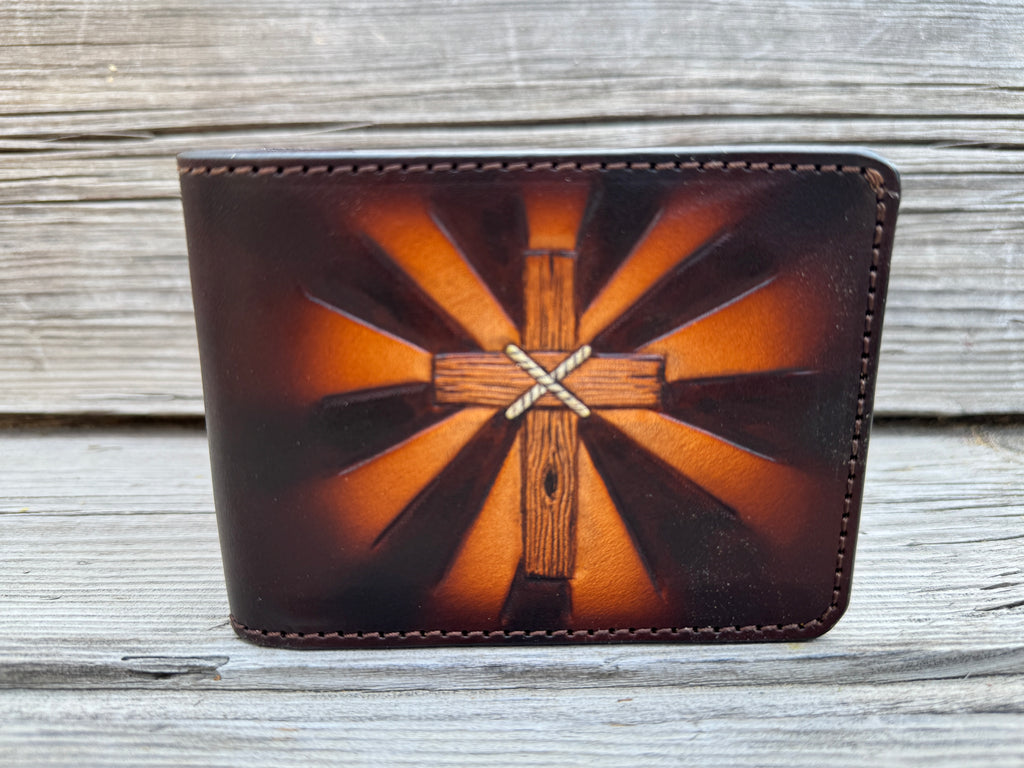 Radiant Cross Lords Prayer / Tooled and Engraved Leather Bifold Wallet / Faith Gear