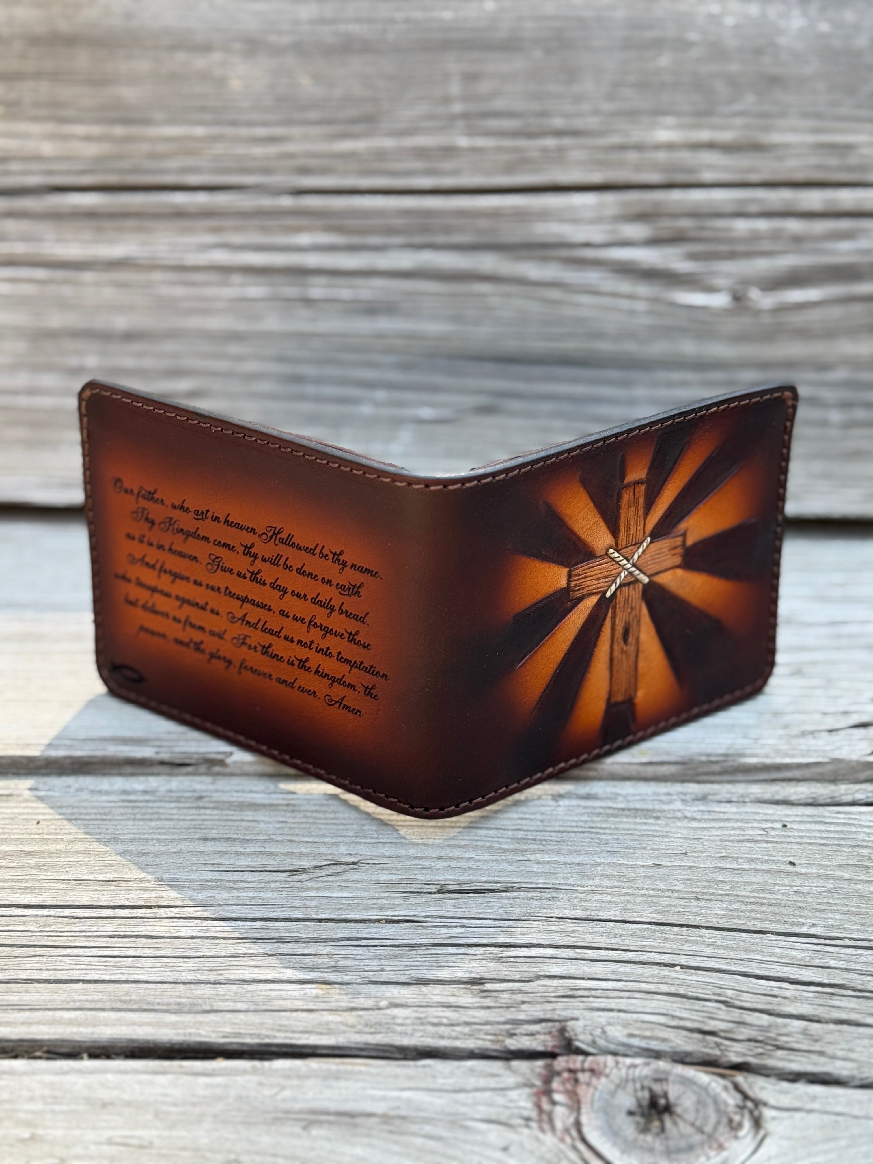 Radiant Cross Lords Prayer / Tooled and Engraved Leather Bifold Wallet / Faith Gear