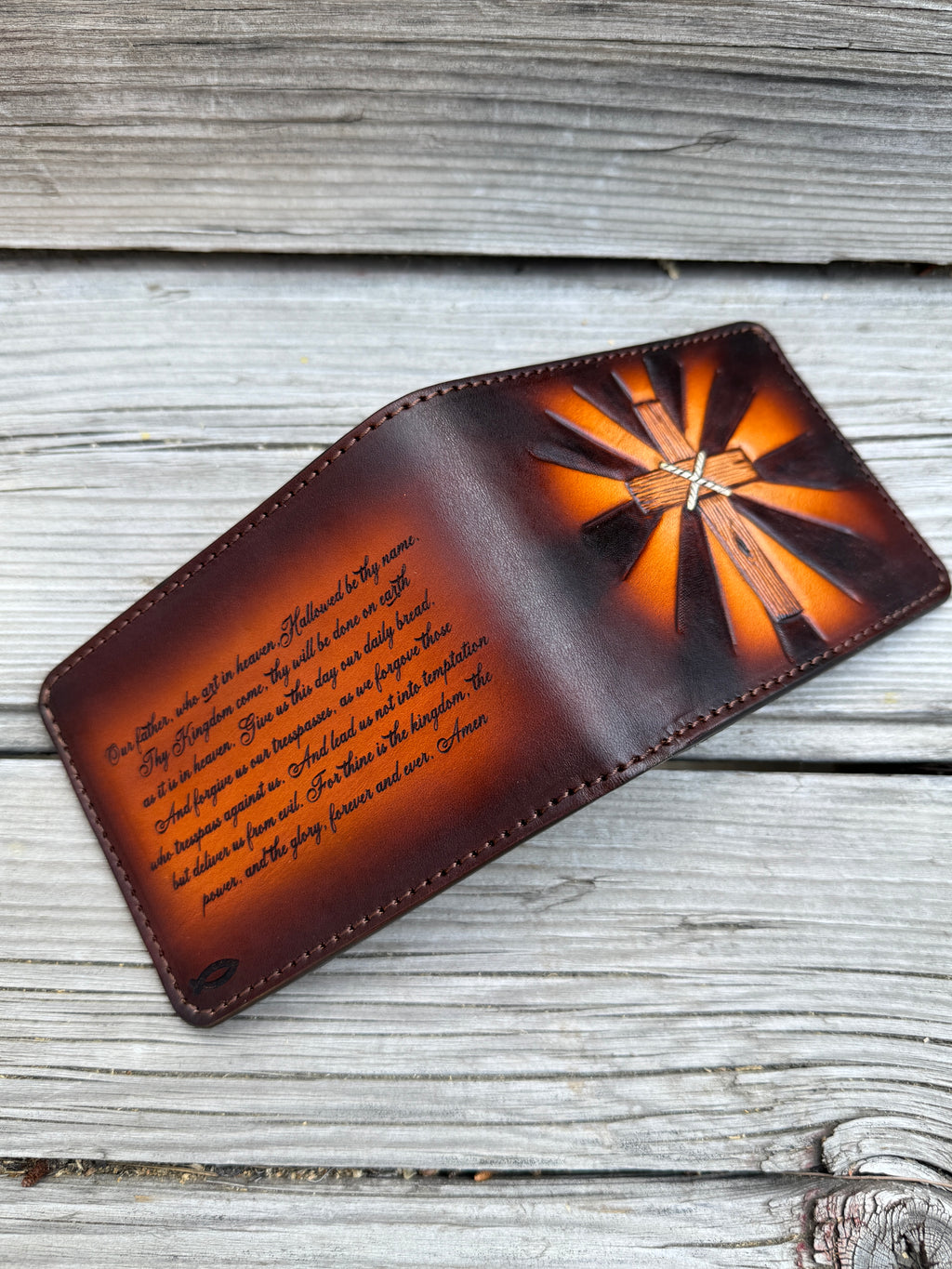 Radiant Cross Lords Prayer / Tooled and Engraved Leather Bifold Wallet / Faith Gear