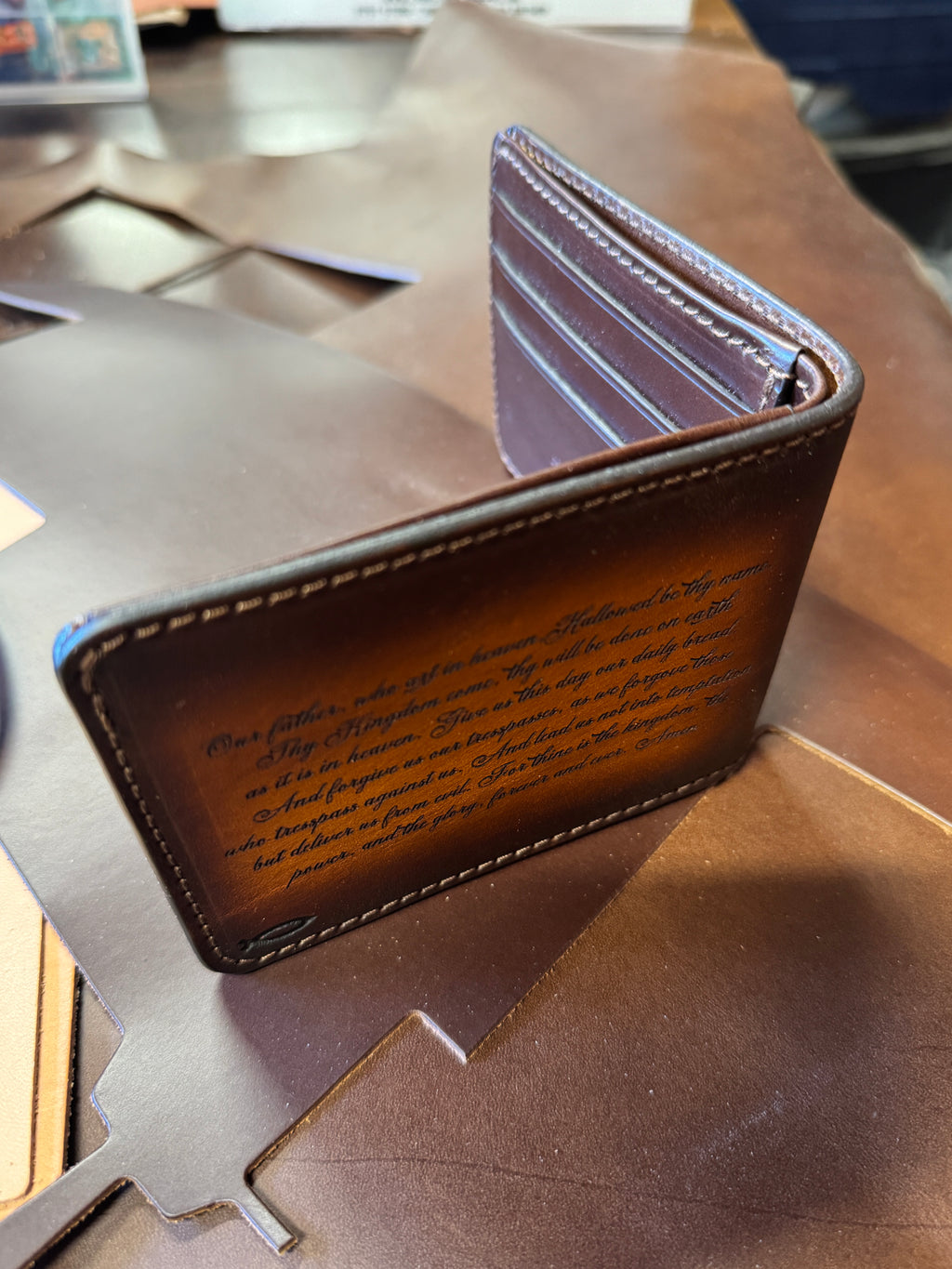 Radiant Cross Lords Prayer / Tooled and Engraved Leather Bifold Wallet / Faith Gear