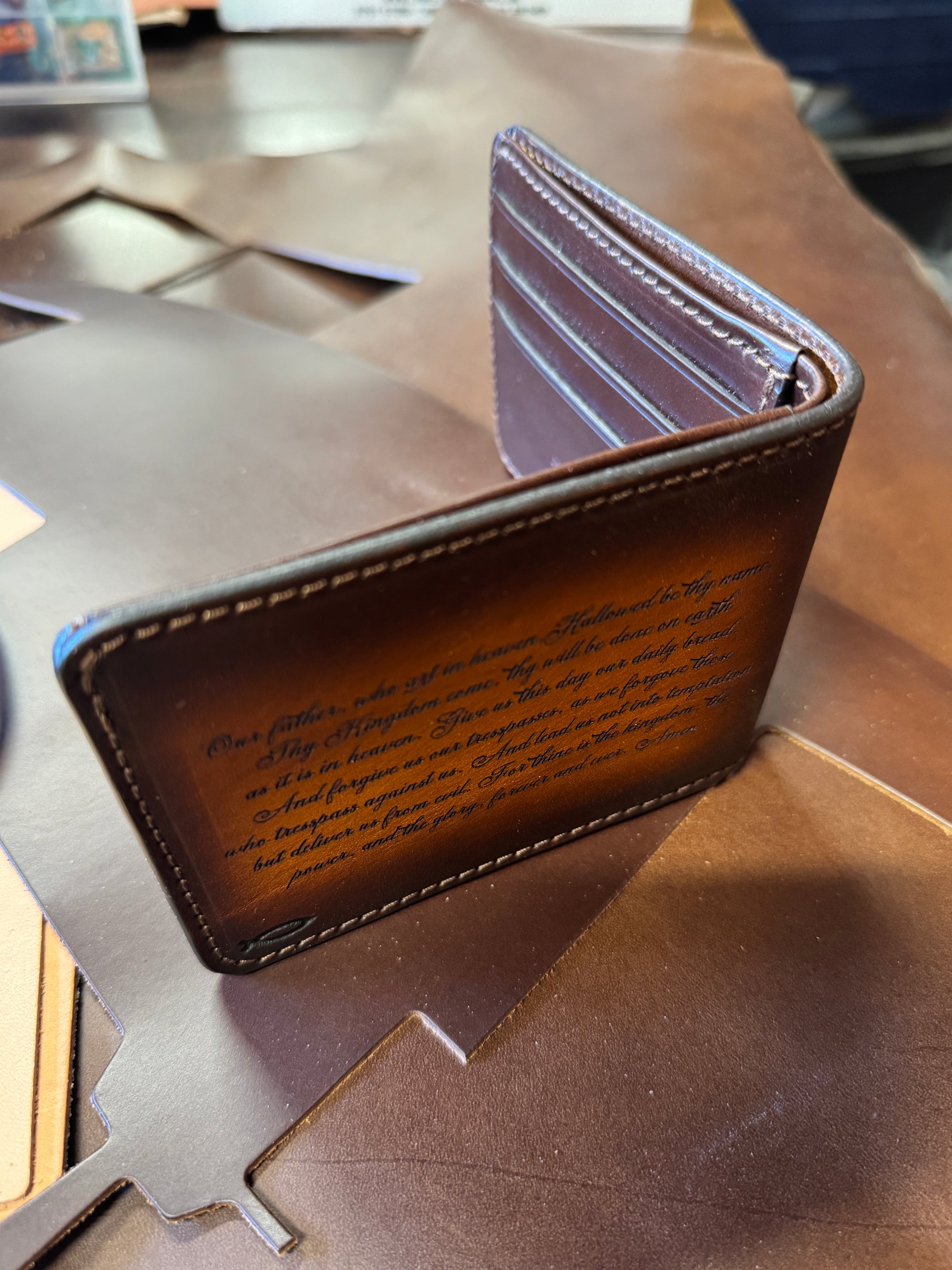 Radiant Cross Lords Prayer / Tooled and Engraved Leather Bifold Wallet / Faith Gear
