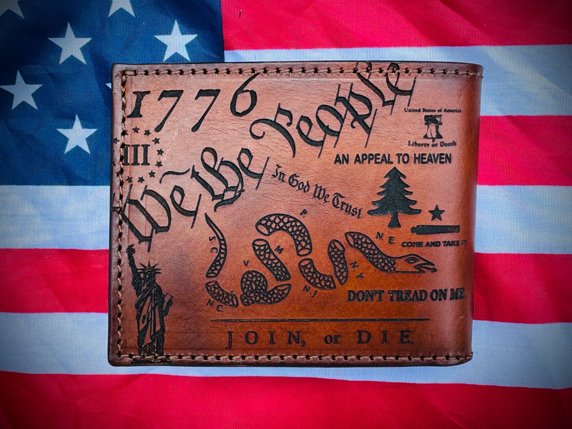 Liberty Legacy Bifold- premium custom edition laser engraved leather wallet / We The People / 1776 / Don't Tread on Me