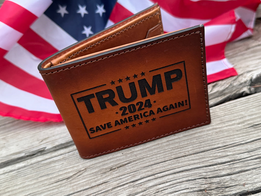 Trump 2024 / Save America Again / 45-47 laser engraved handmade premium bifold wallet