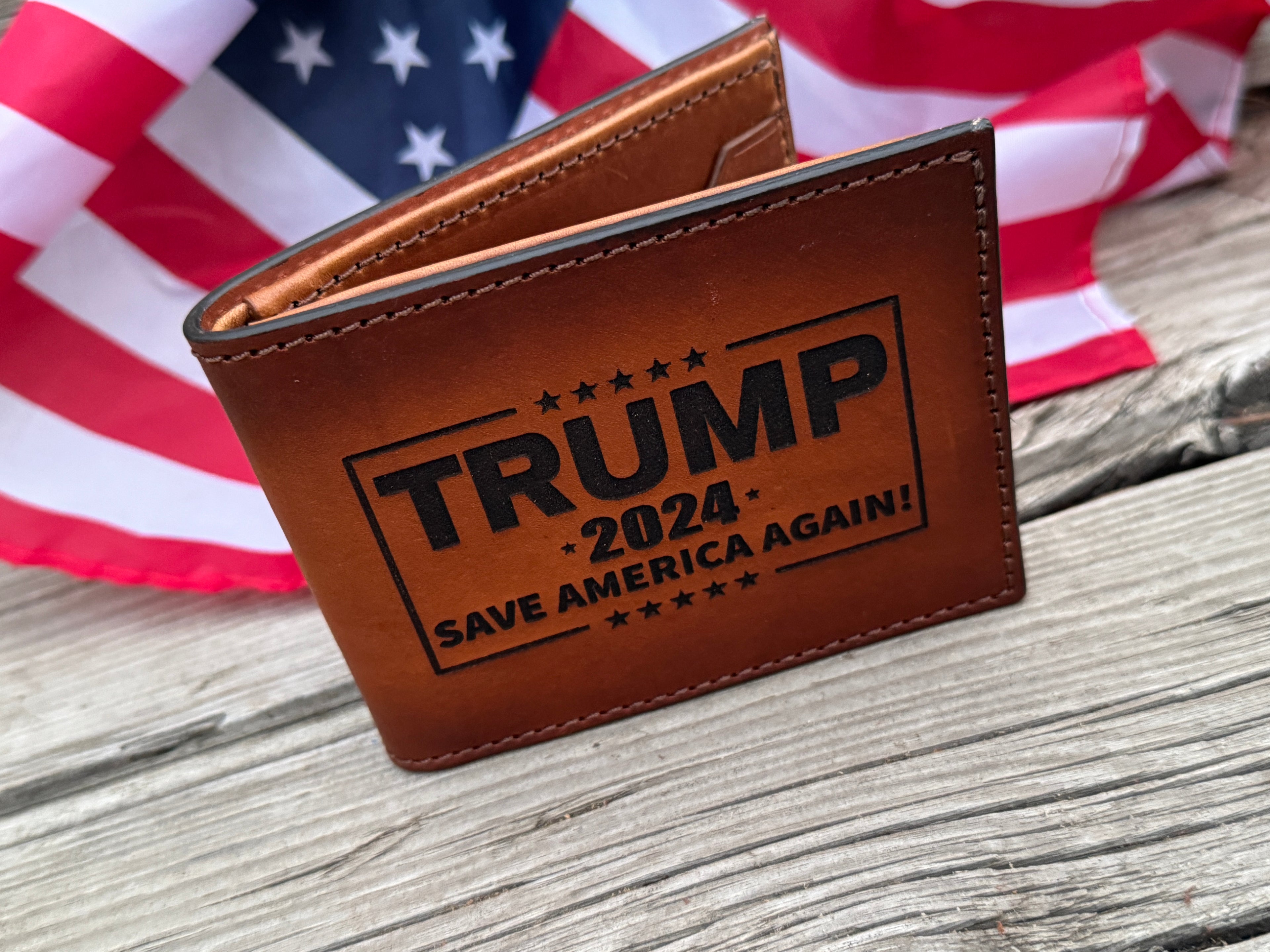 Trump 2024 / Save America Again / 45-47 laser engraved handmade premium bifold wallet