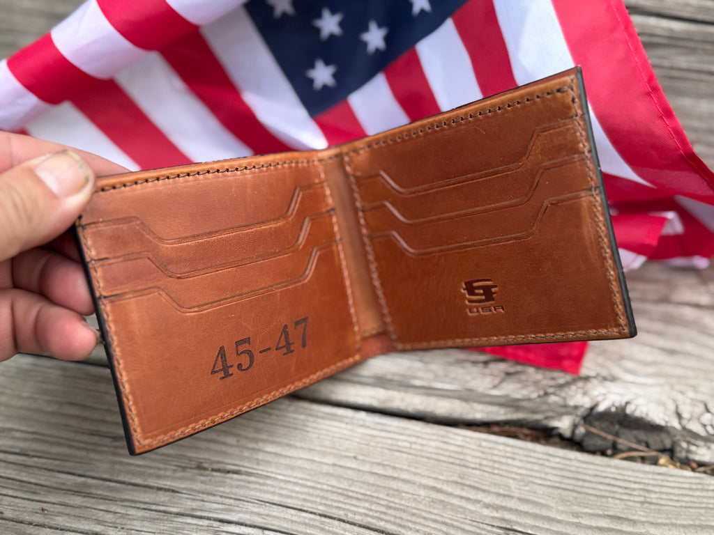 Trump 2024 / Save America Again / 45-47 laser engraved handmade premium bifold wallet