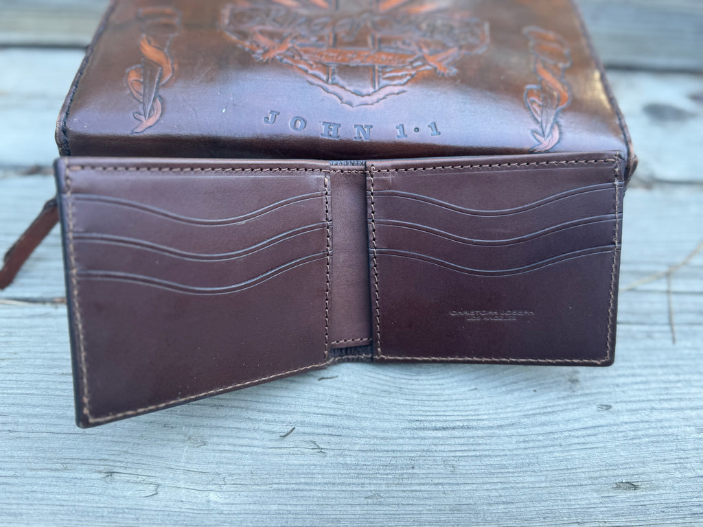 Radiant Cross Lords Prayer / Tooled and Engraved Leather Bifold Wallet / Faith Gear