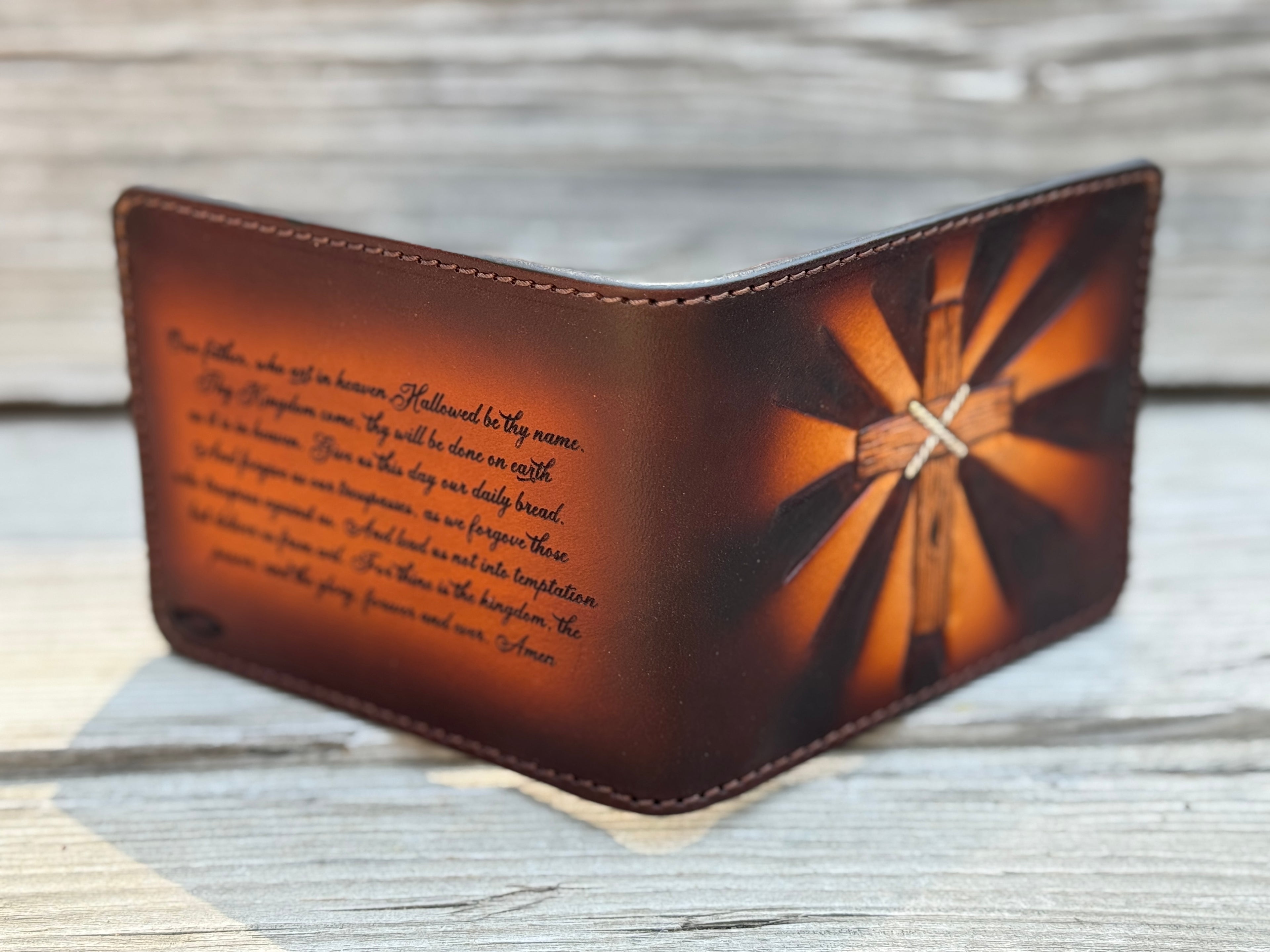 Radiant Cross Lords Prayer / Tooled and Engraved Leather Bifold Wallet / Faith Gear
