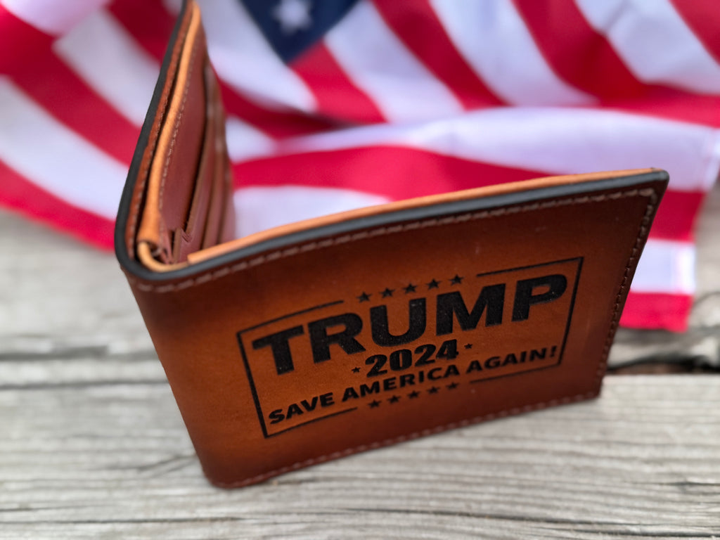 Trump 2024 / Save America Again / 45-47 laser engraved handmade premium bifold wallet