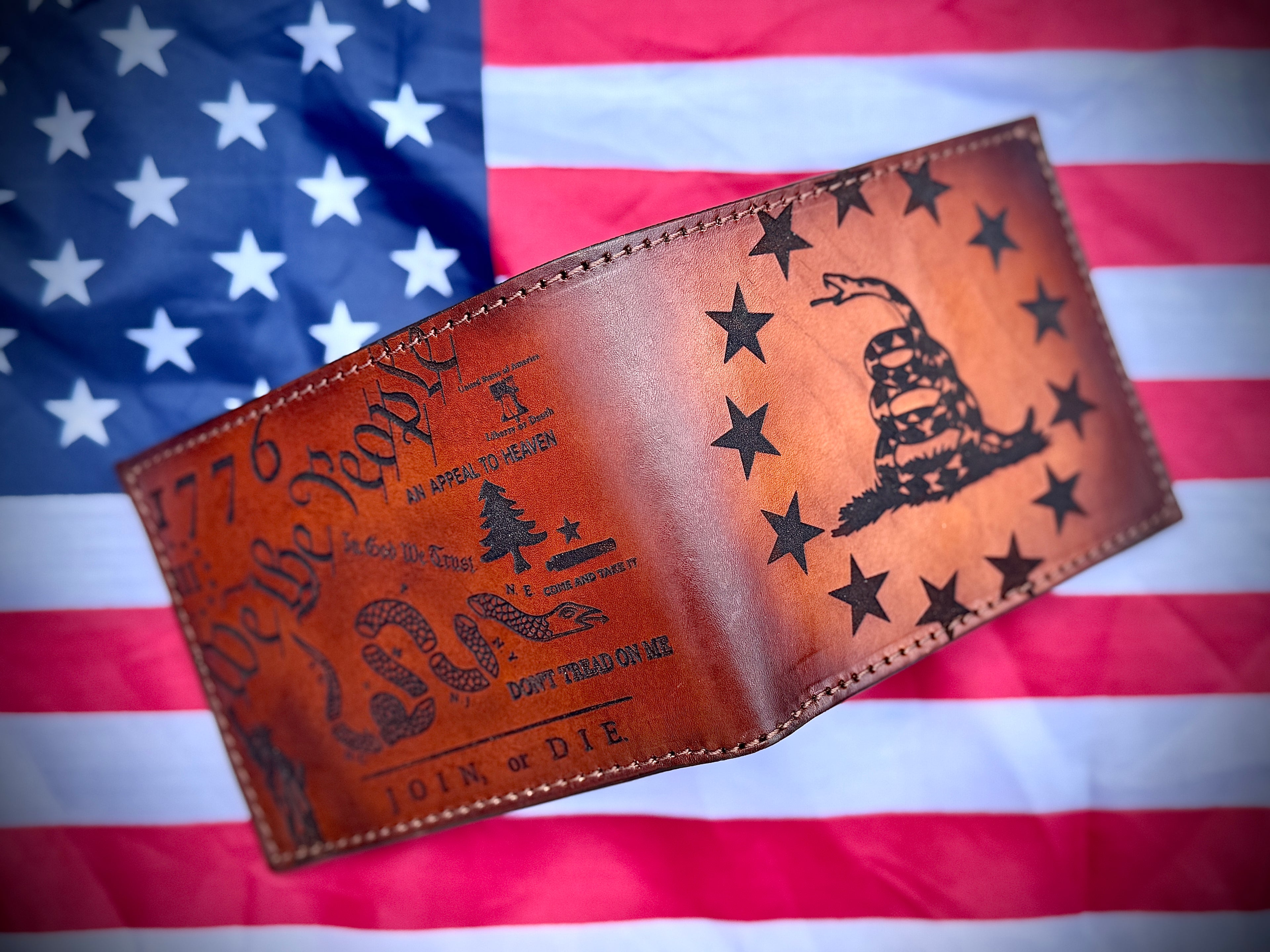 Liberty Legacy Bifold- premium custom edition laser engraved leather wallet / We The People / 1776 / Don't Tread on Me