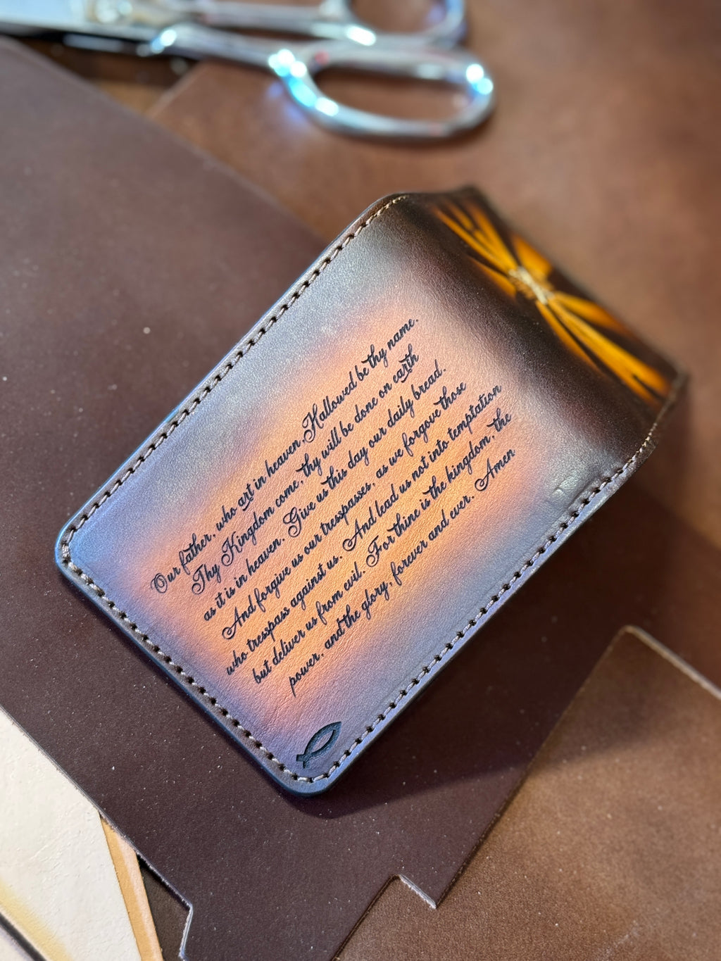 Radiant Cross Lords Prayer / Tooled and Engraved Leather Bifold Wallet / Faith Gear