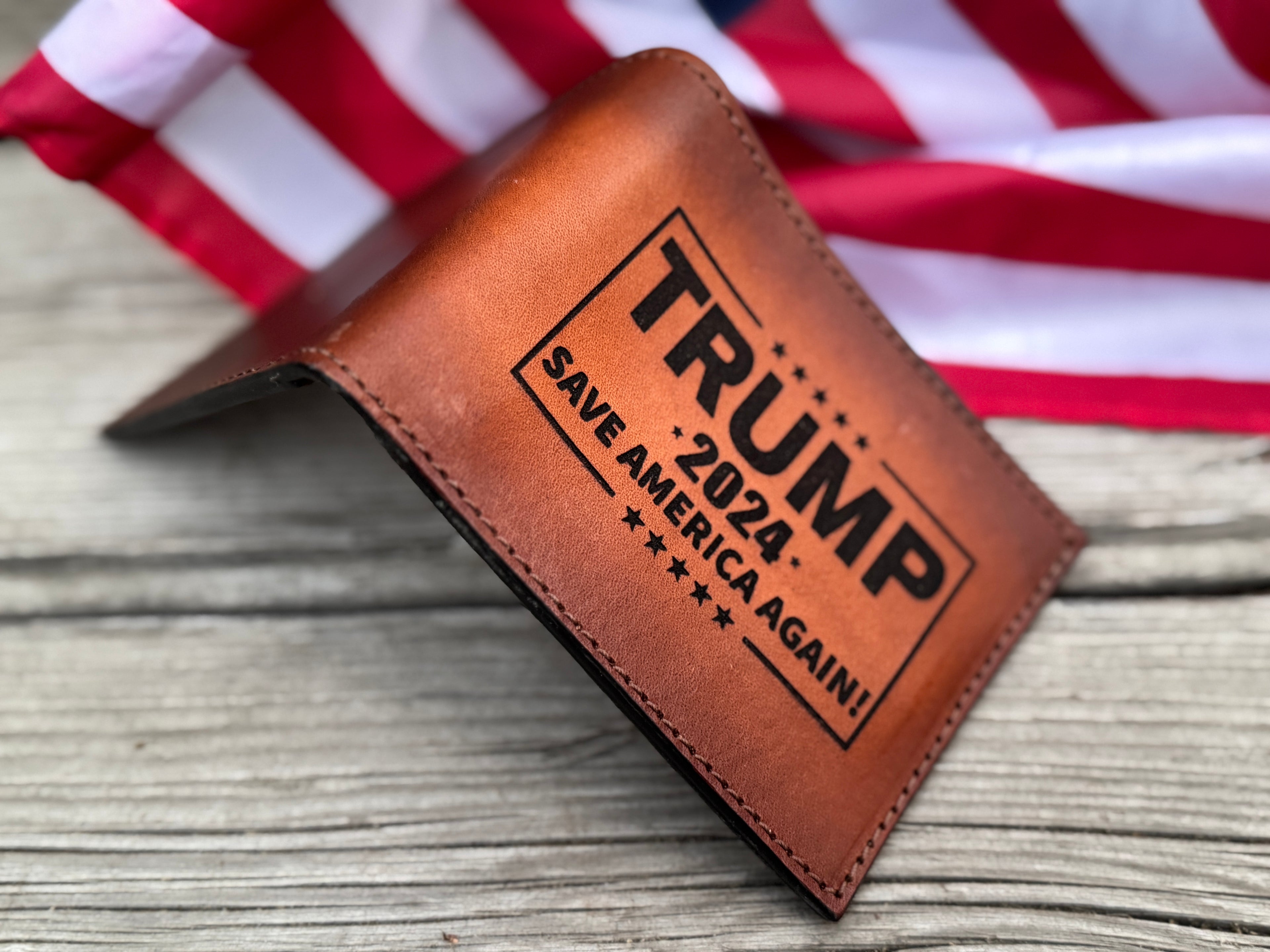 Trump 2024 / Save America Again / 45-47 laser engraved handmade premium bifold wallet