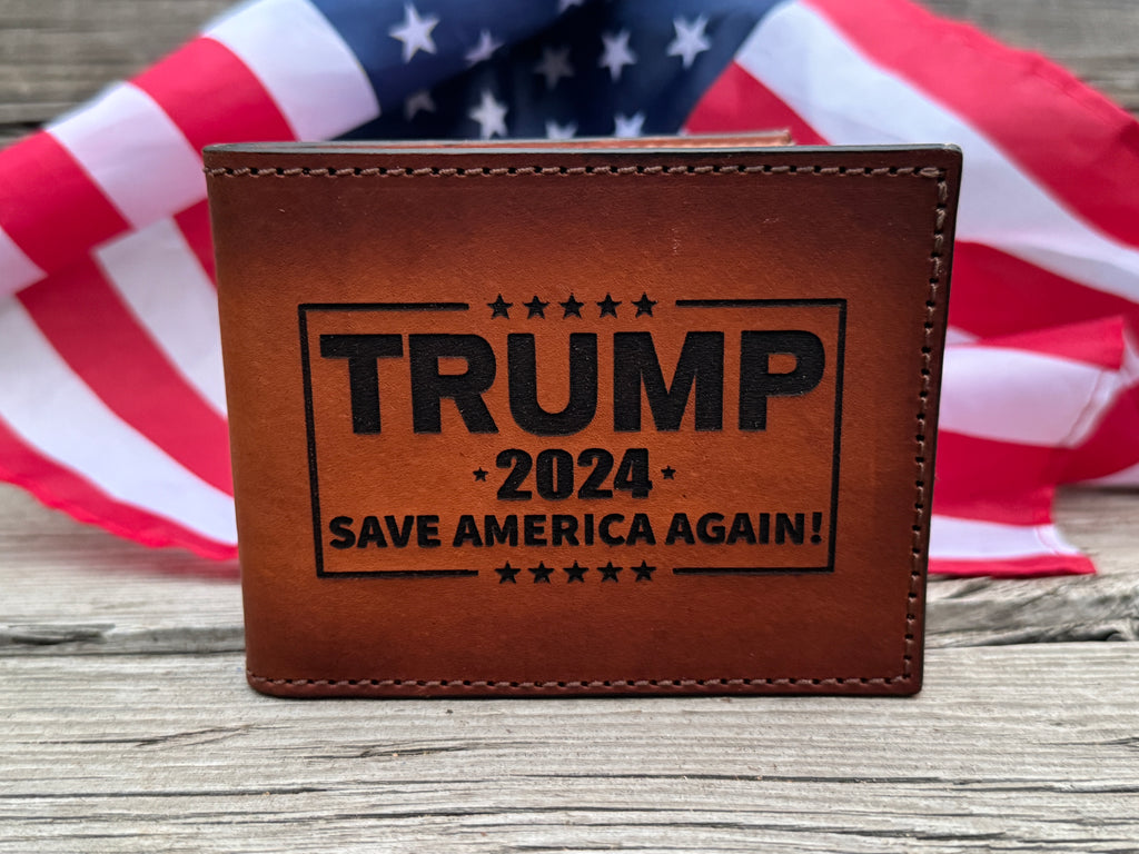 Trump 2024 / Save America Again / 45-47 laser engraved handmade premium bifold wallet