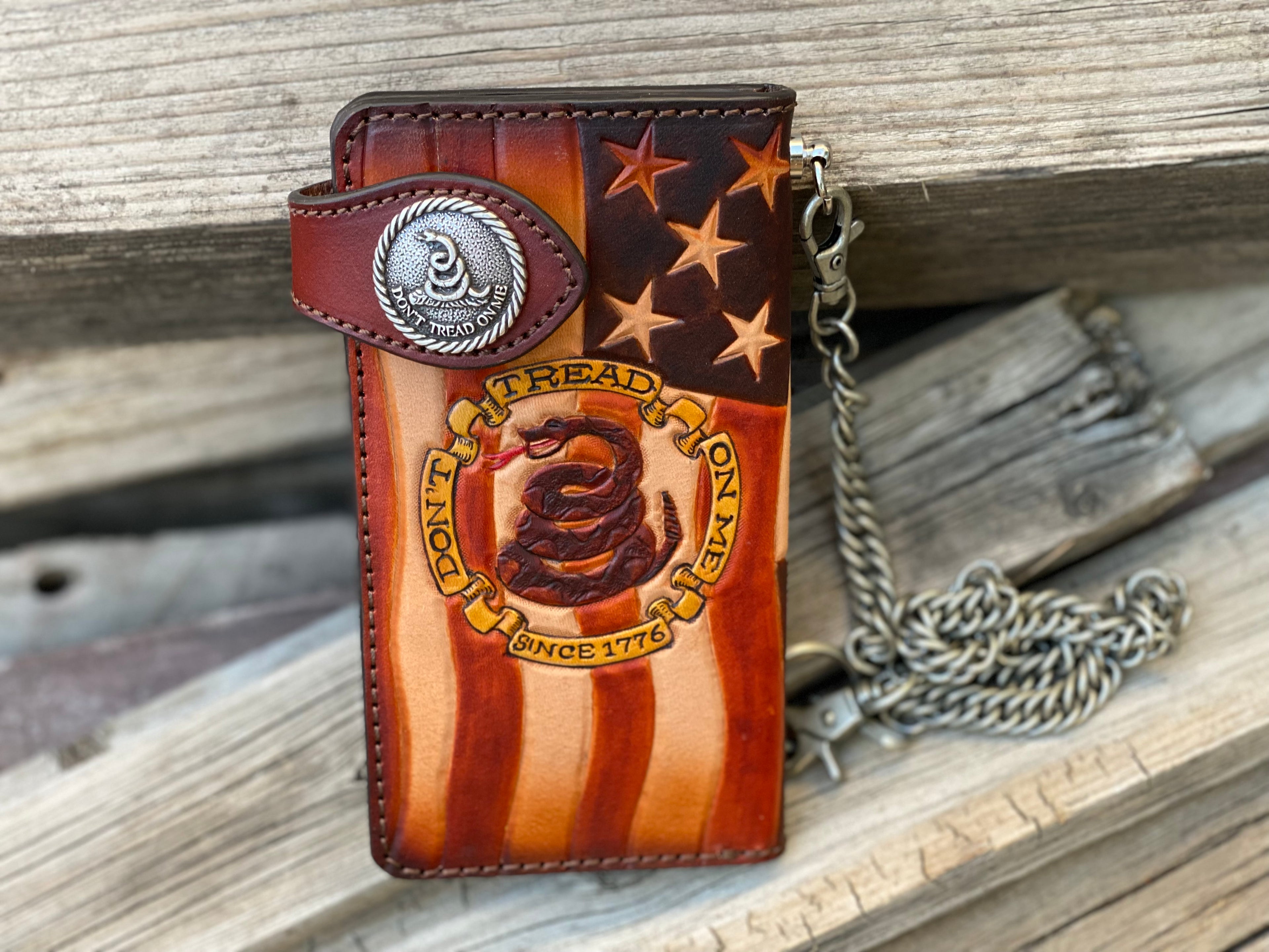 Patriot Biker Delux - Don't Tread on Me / We the People Hand Tooled Long Wallet / Made In USA