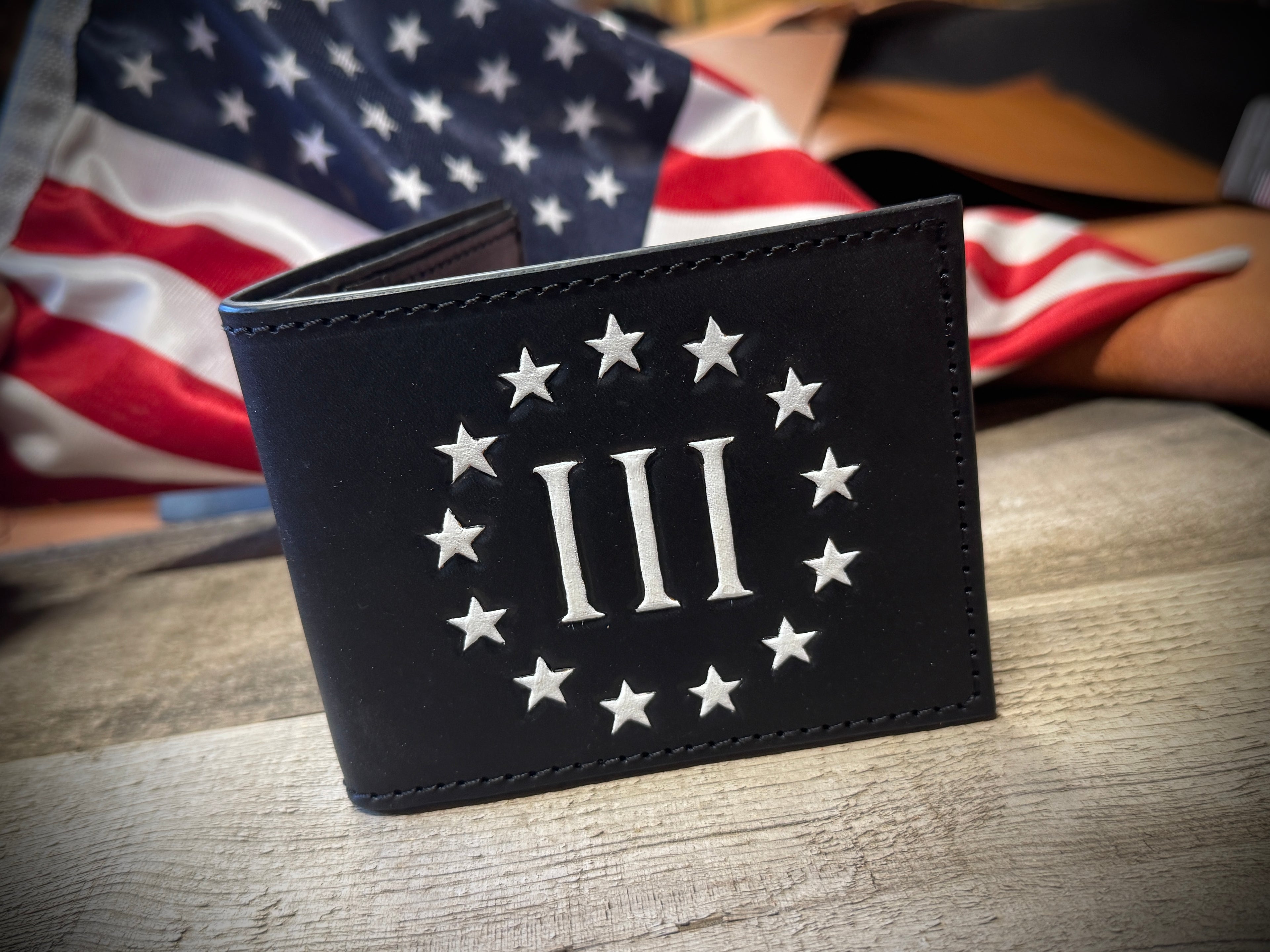 American Colonial Heritage Three Percenter Hand Tooled Black Leather Wallet