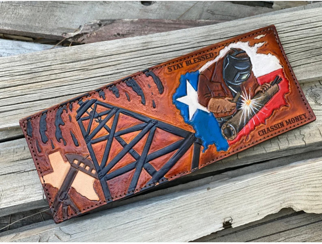 Texas Oil Rig Welder Custom Tooled Bifold Wallet Design - Made in USA