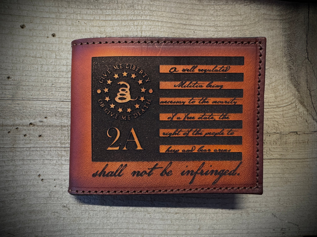 2A Edition Bifold Wallet - Laser Engraved Second Amendment Design - Handmade in USA