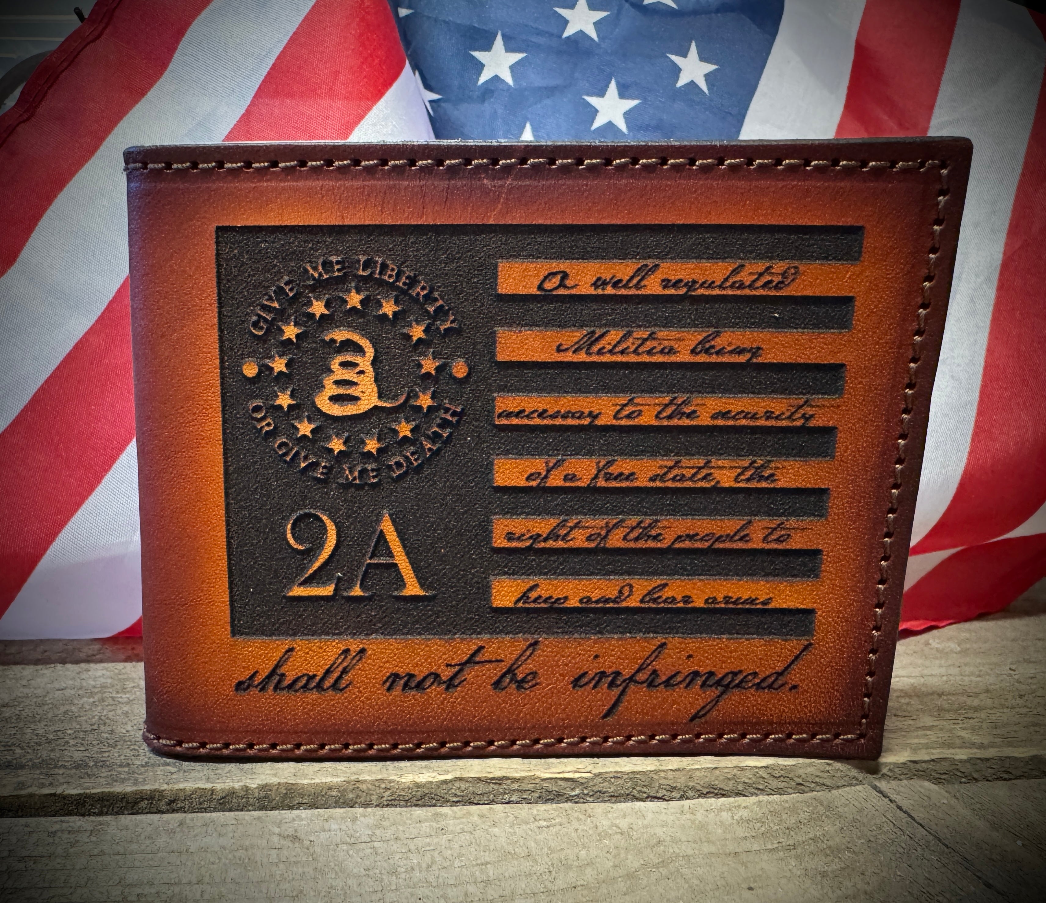 2A Edition Bifold Wallet - Laser Engraved Second Amendment Design - Handmade in USA