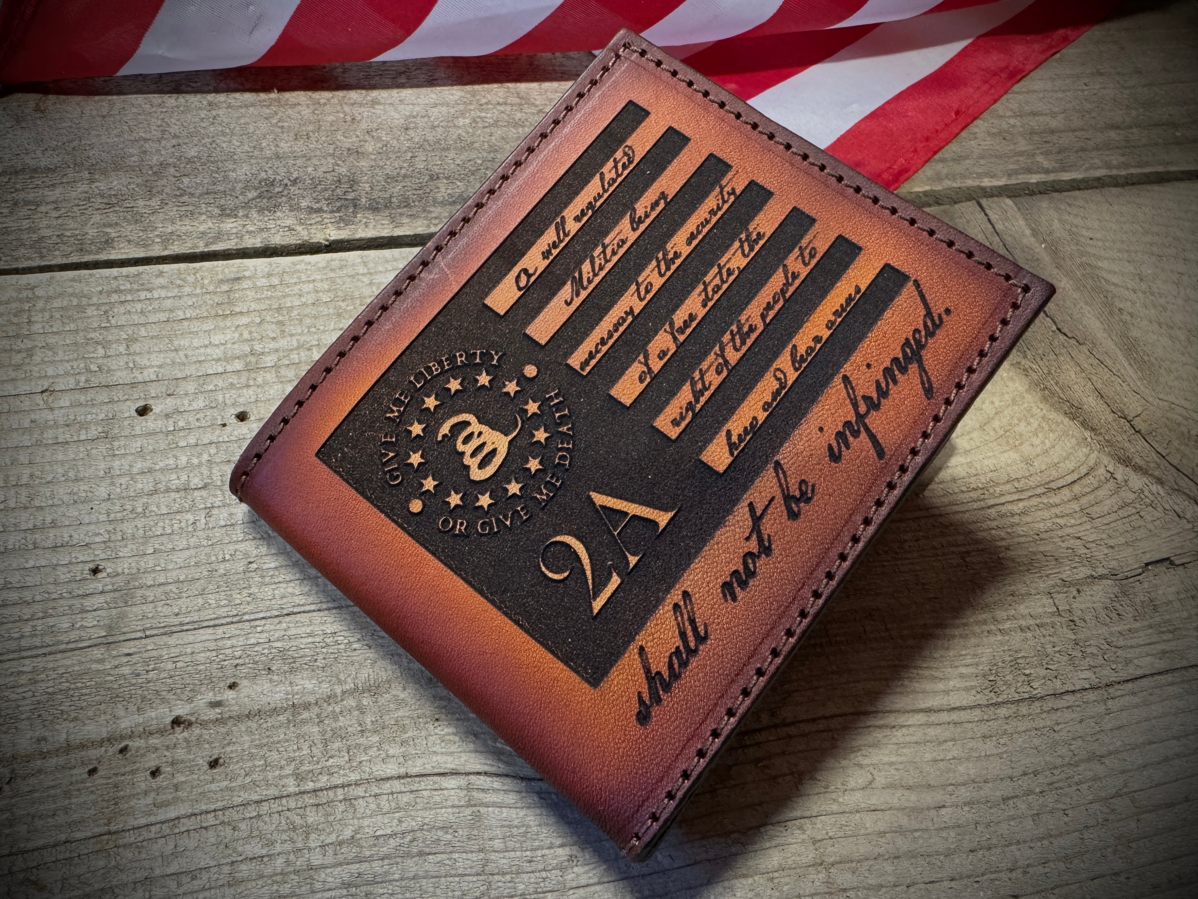 2A Edition Bifold Wallet - Laser Engraved Second Amendment Design - Handmade in USA
