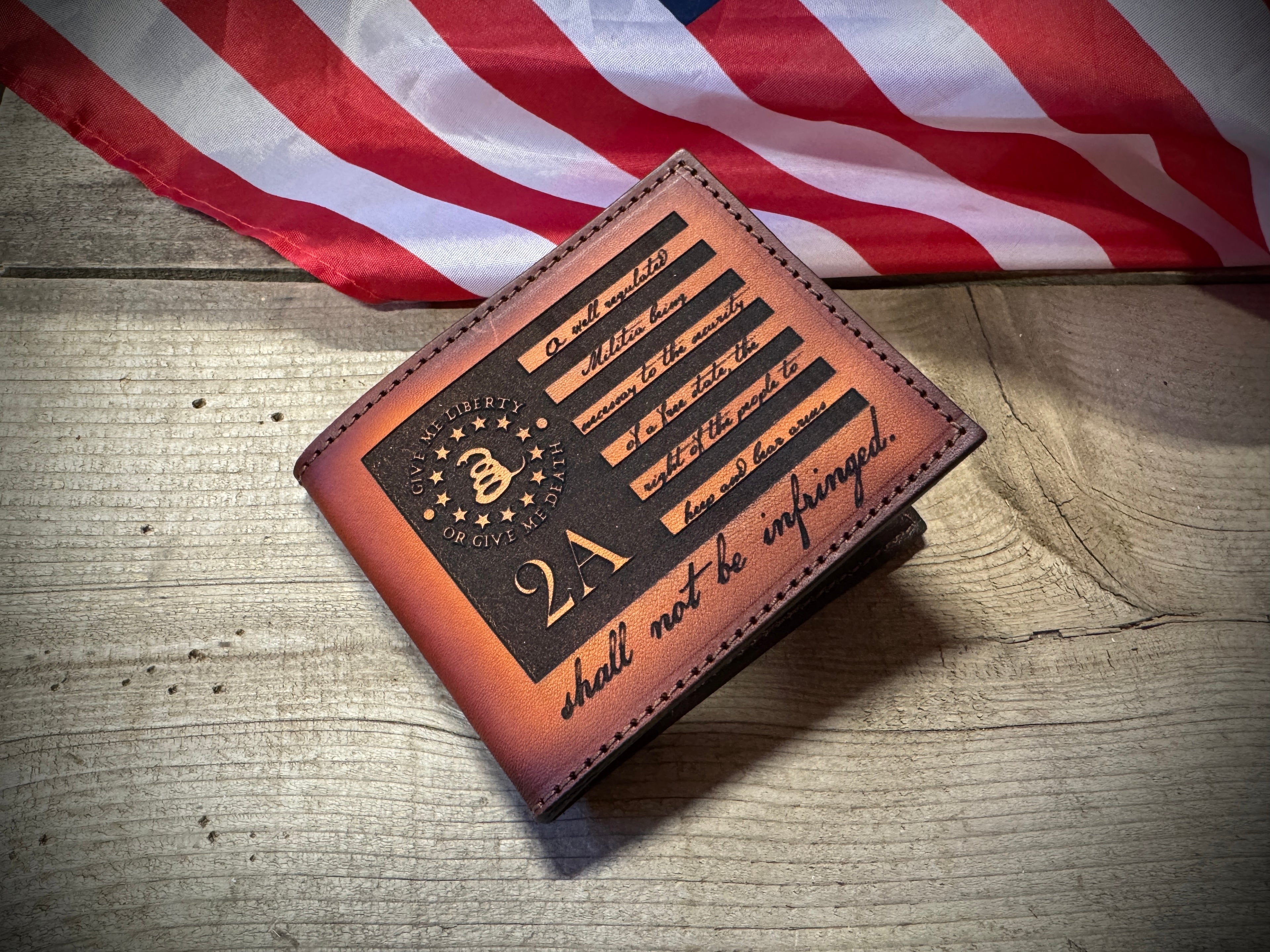 2A Edition Bifold Wallet - Laser Engraved Second Amendment Design - Handmade in USA