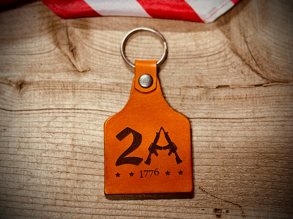 2A Engraved Leather Cow Tag Key Chain