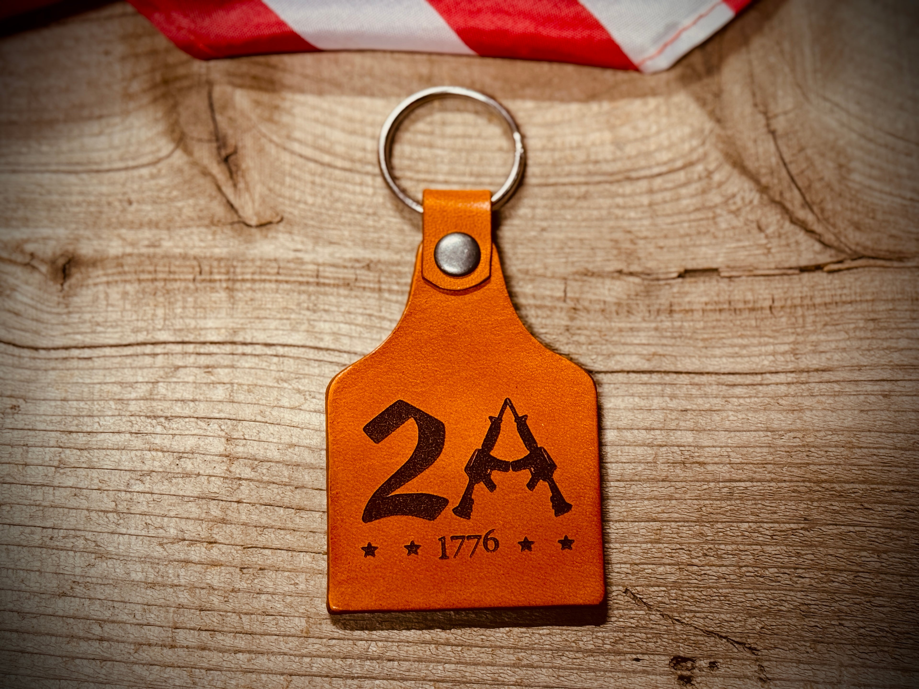 2A Engraved Leather Cow Tag Key Chain