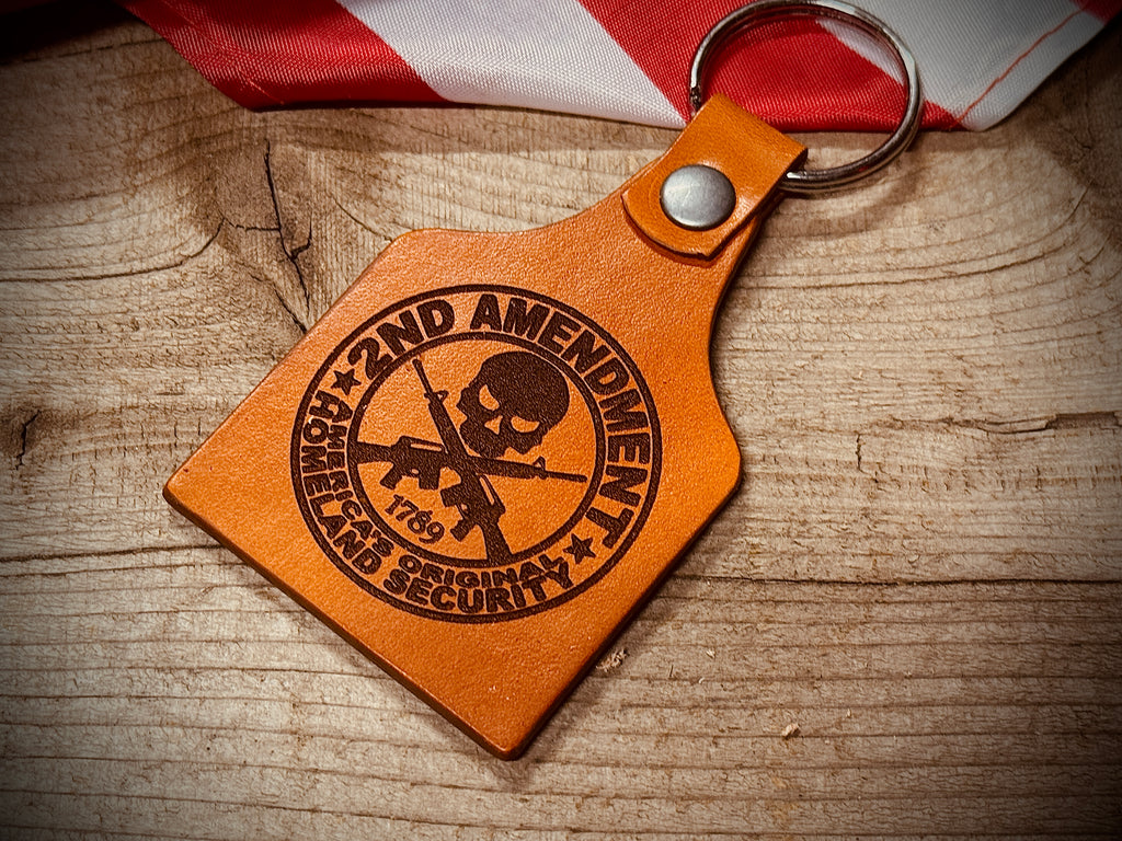 2A Engraved Leather Cow Tag Key Chain