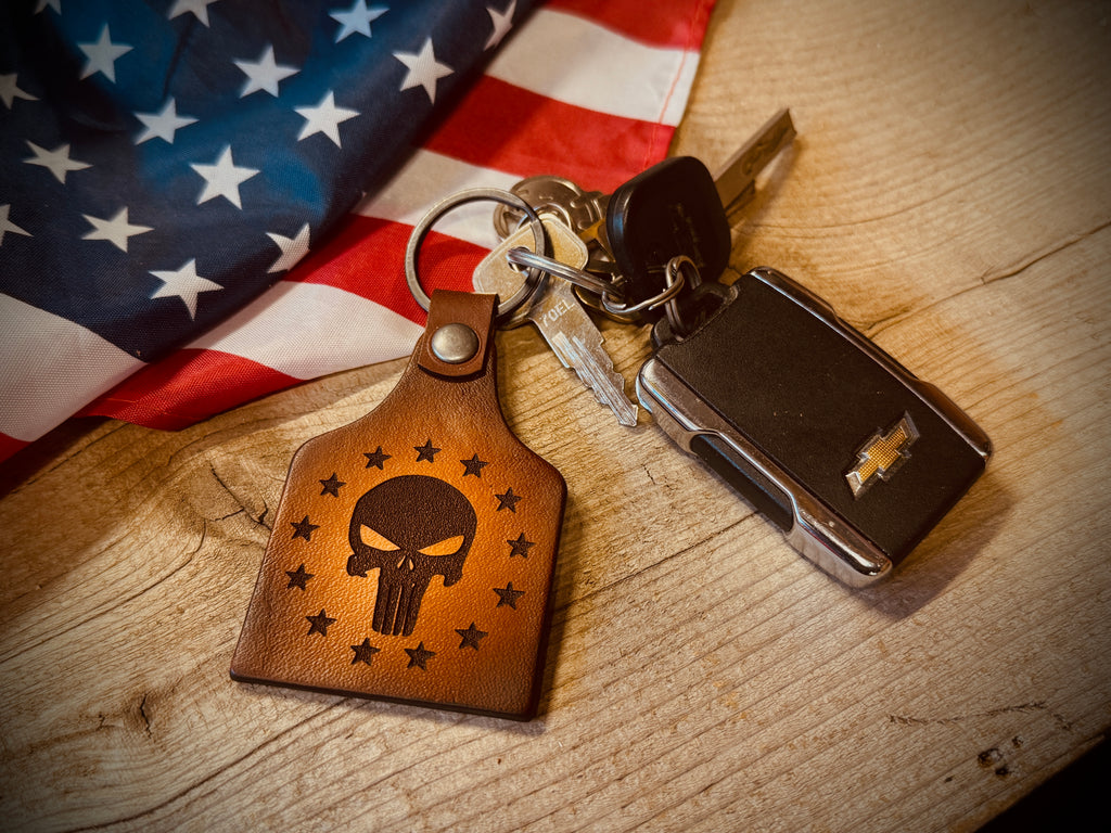 Punisher Skull / 13 Star / Don't Tread on Me Engraved Leather Key Chain - Made in USA