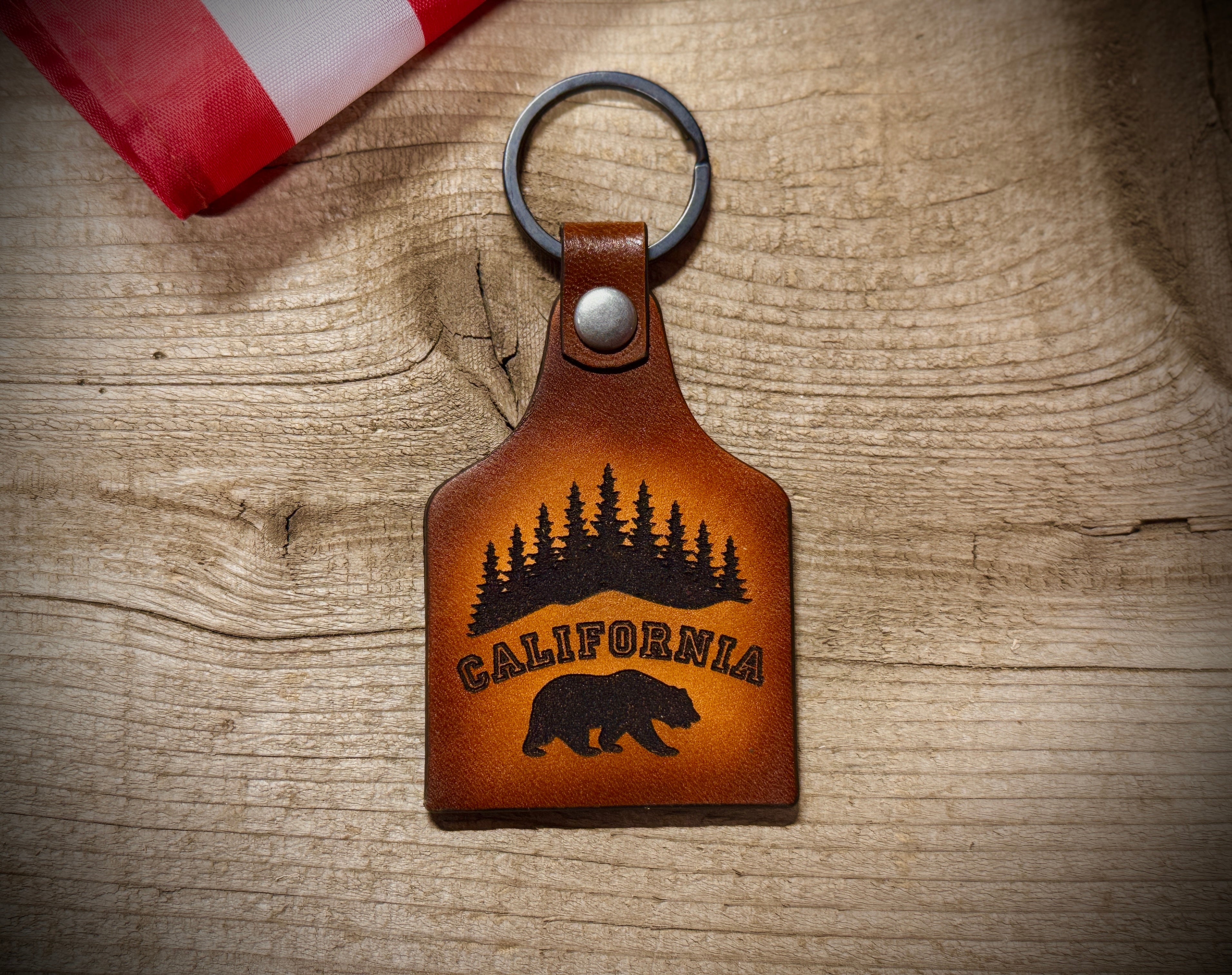 California Keychain - Golden State - California Themed Engraved Leather Key Ring - Made in USA