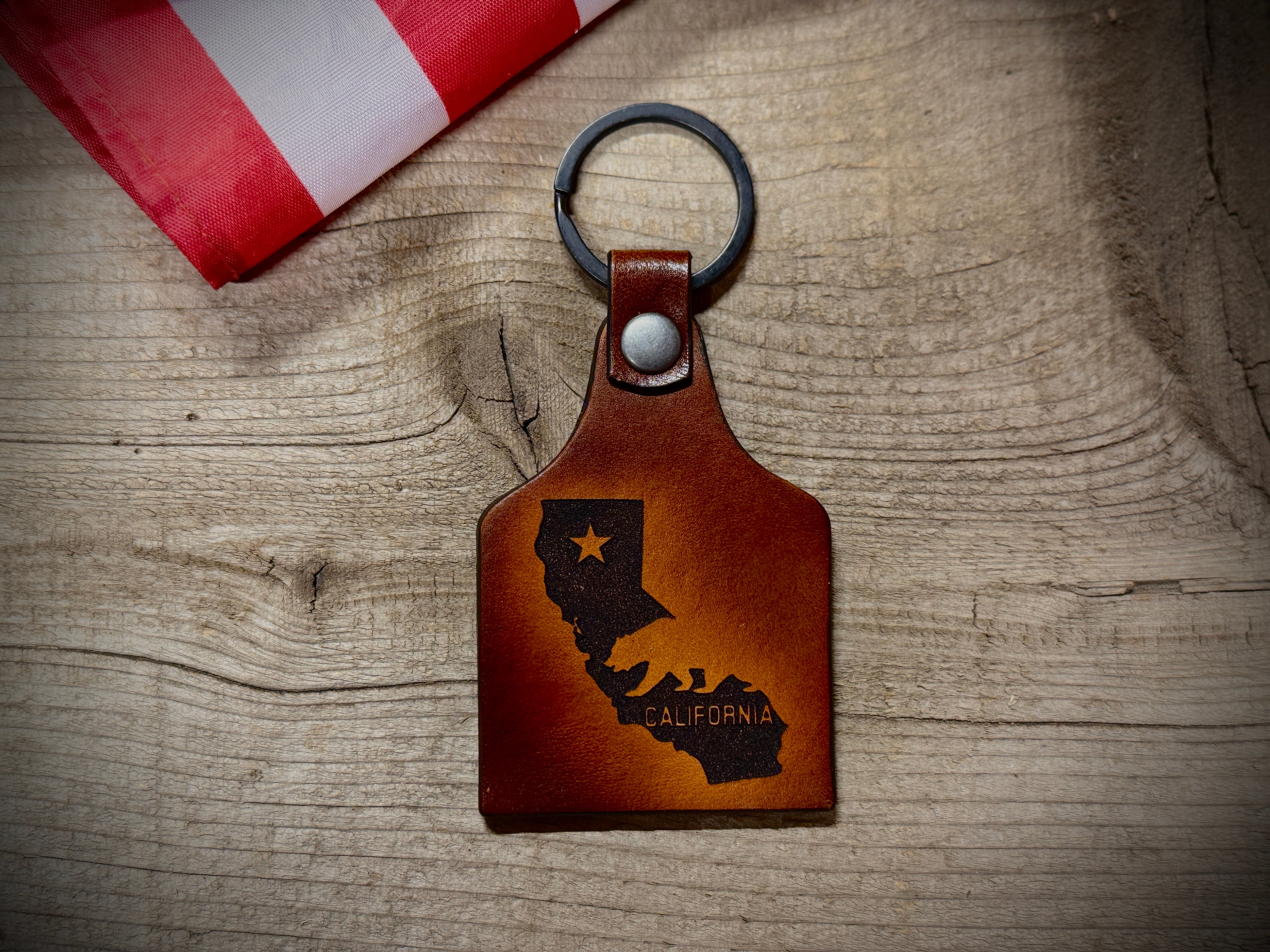 California Keychain - Golden State - California Themed Engraved Leather Key Ring - Made in USA