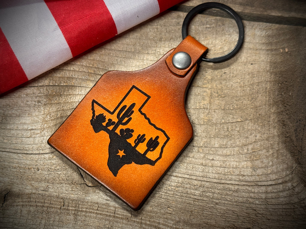 Texas Keychain - Texas Longhorn leather key ring - Made in USA