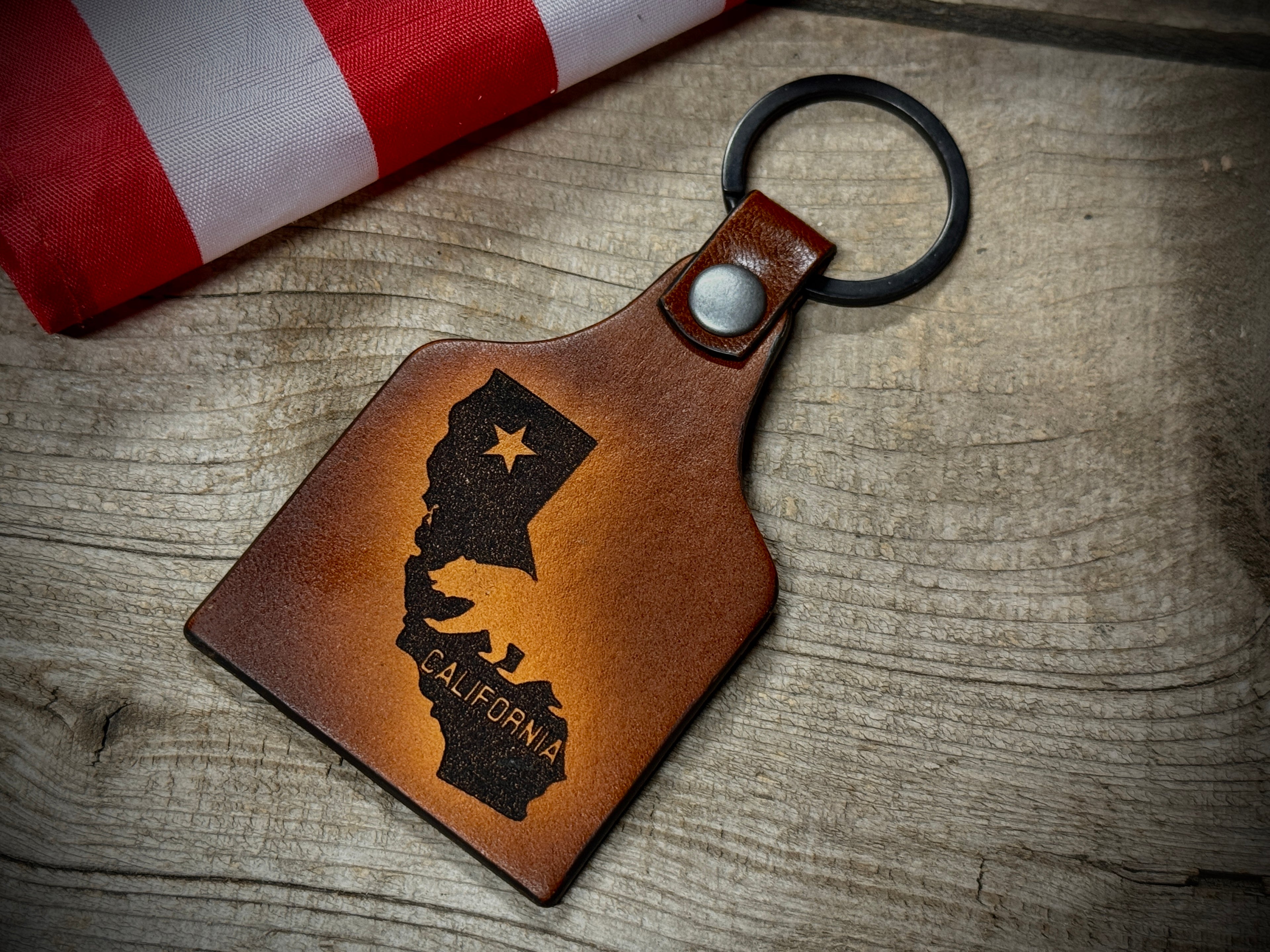 California Keychain - Golden State - California Themed Engraved Leather Key Ring - Made in USA