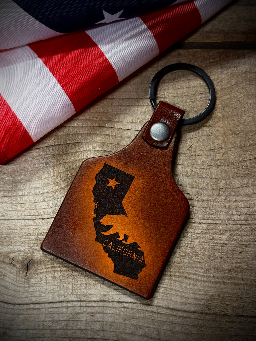 California Keychain - Golden State - California Themed Engraved Leather Key Ring - Made in USA