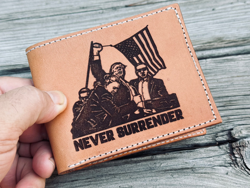 Never Surrender - Trump Butler PA Engraved Silhouette - Handmade Premium Bifold Wallet