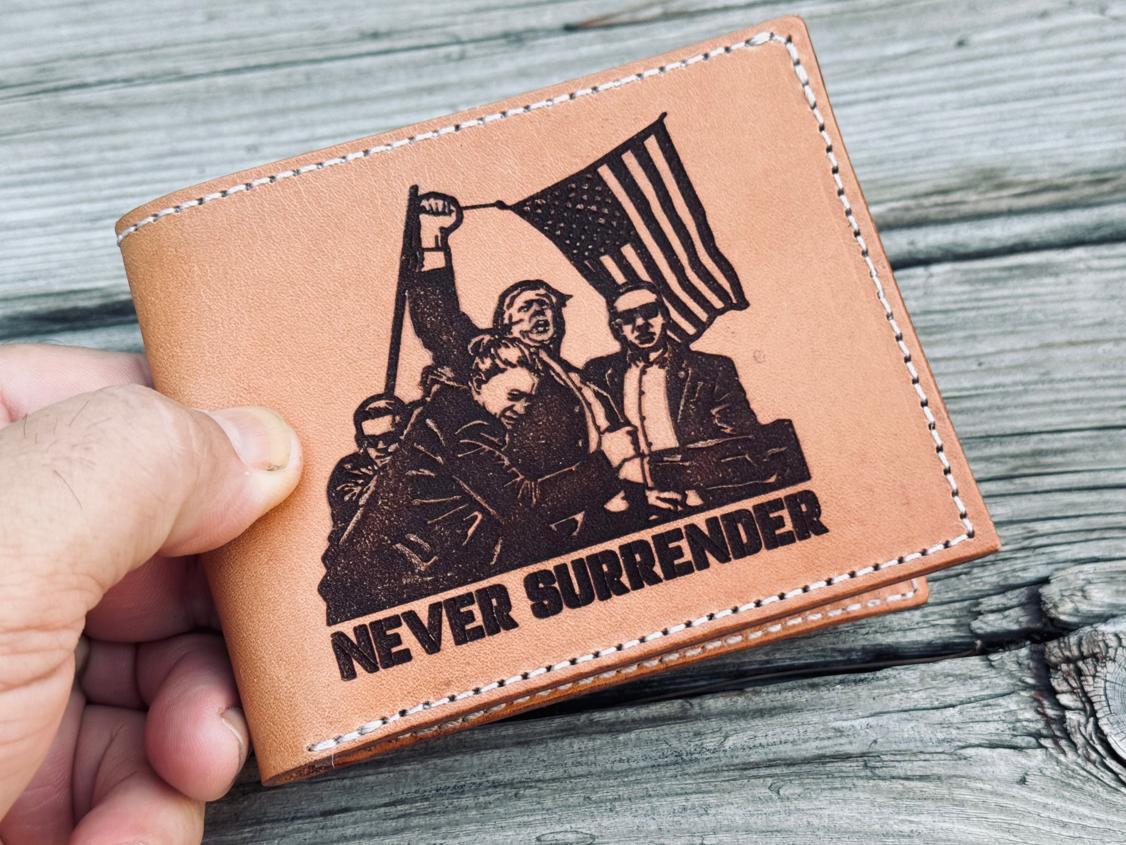 Never Surrender - Trump Butler PA Engraved Silhouette - Handmade Premium Bifold Wallet