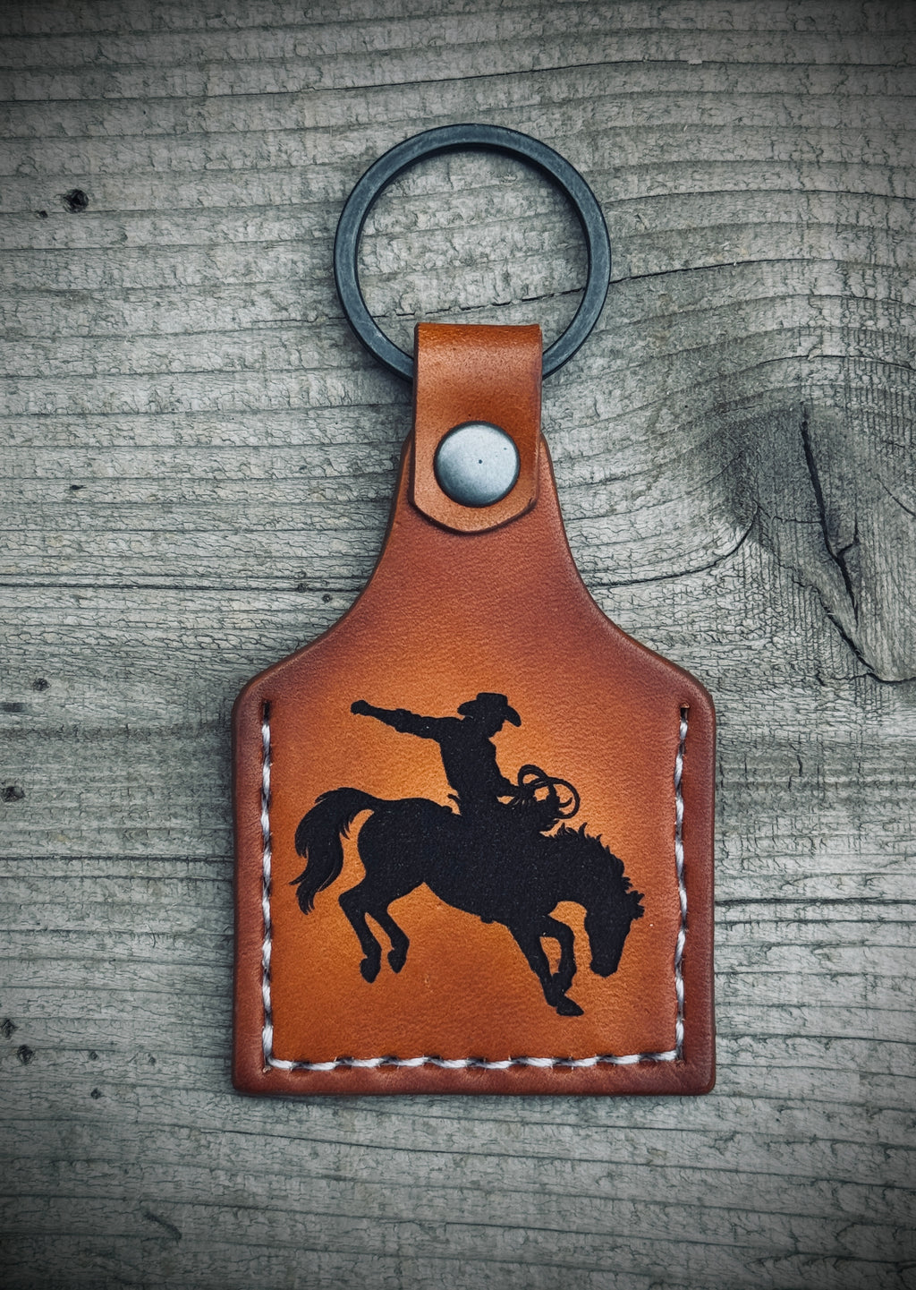 Cowboy Deluxe - Laser Engraved and hand stitched double sided leather cow tag style Keychain