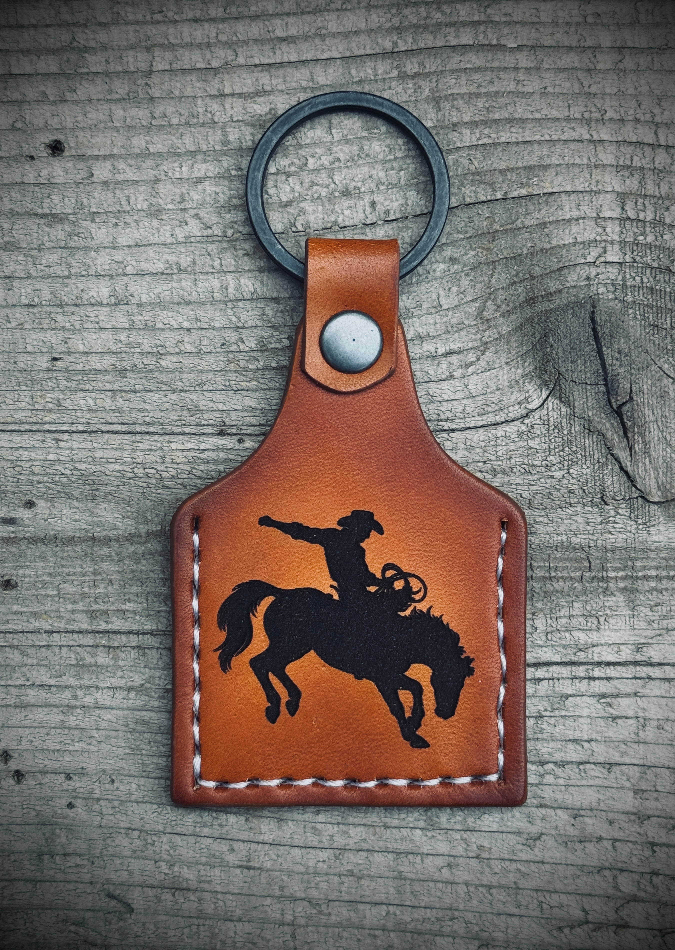 Cowboy Deluxe - Laser Engraved and hand stitched double sided leather cow tag style Keychain