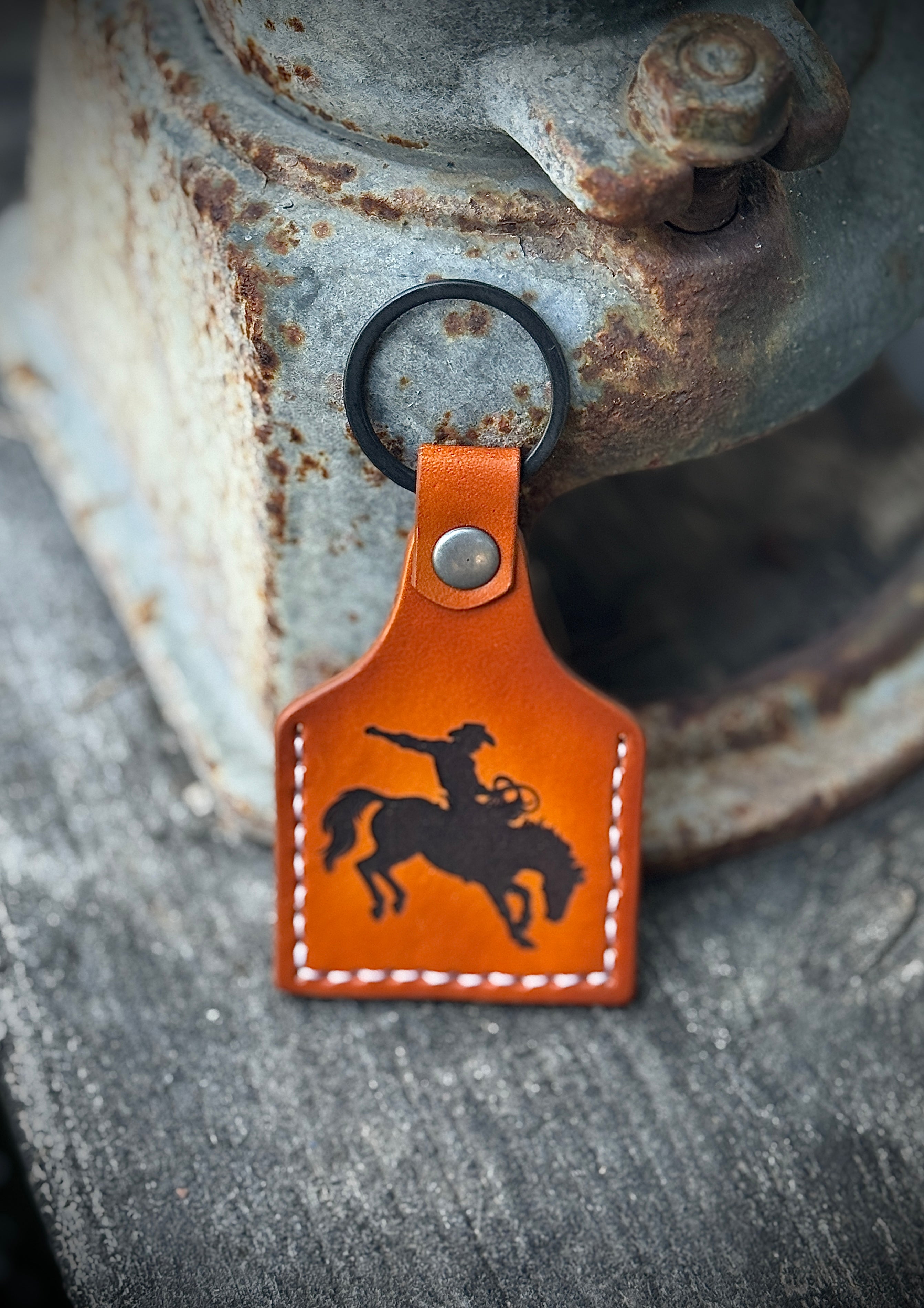 Cowboy Deluxe - Laser Engraved and hand stitched double sided leather cow tag style Keychain