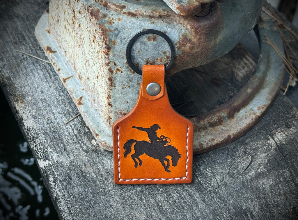 Cowboy Deluxe - Laser Engraved and hand stitched double sided leather cow tag style Keychain