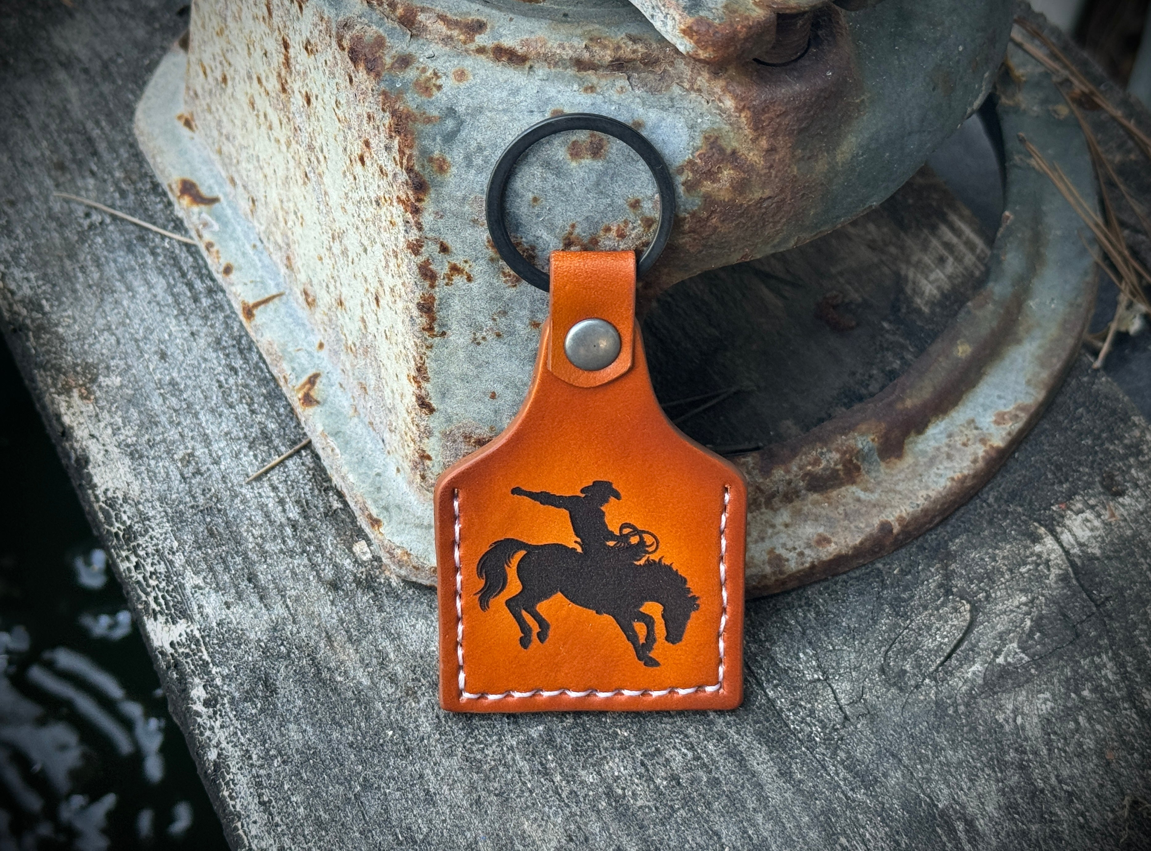Cowboy Deluxe - Laser Engraved and hand stitched double sided leather cow tag style Keychain