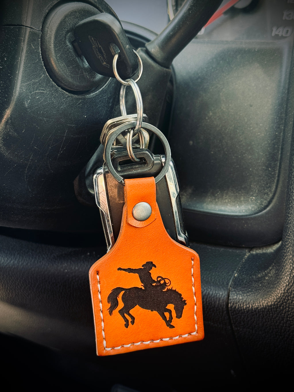 Cowboy Deluxe - Laser Engraved and hand stitched double sided leather cow tag style Keychain
