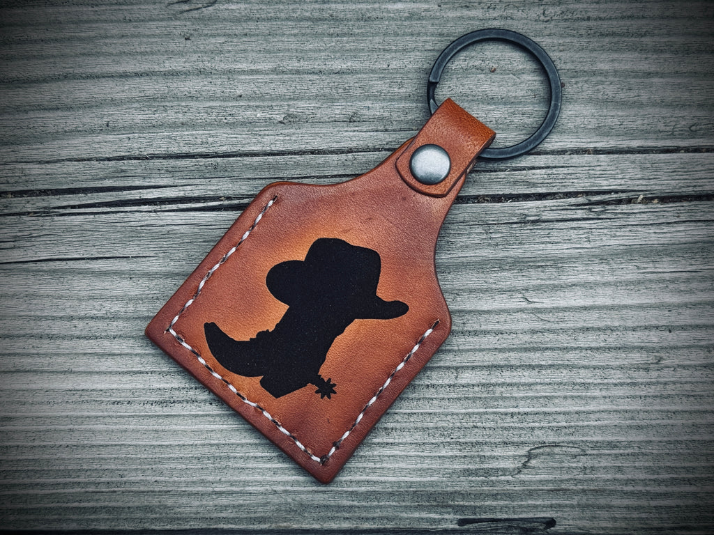 Cowboy Deluxe - Laser Engraved and hand stitched double sided leather cow tag style Keychain