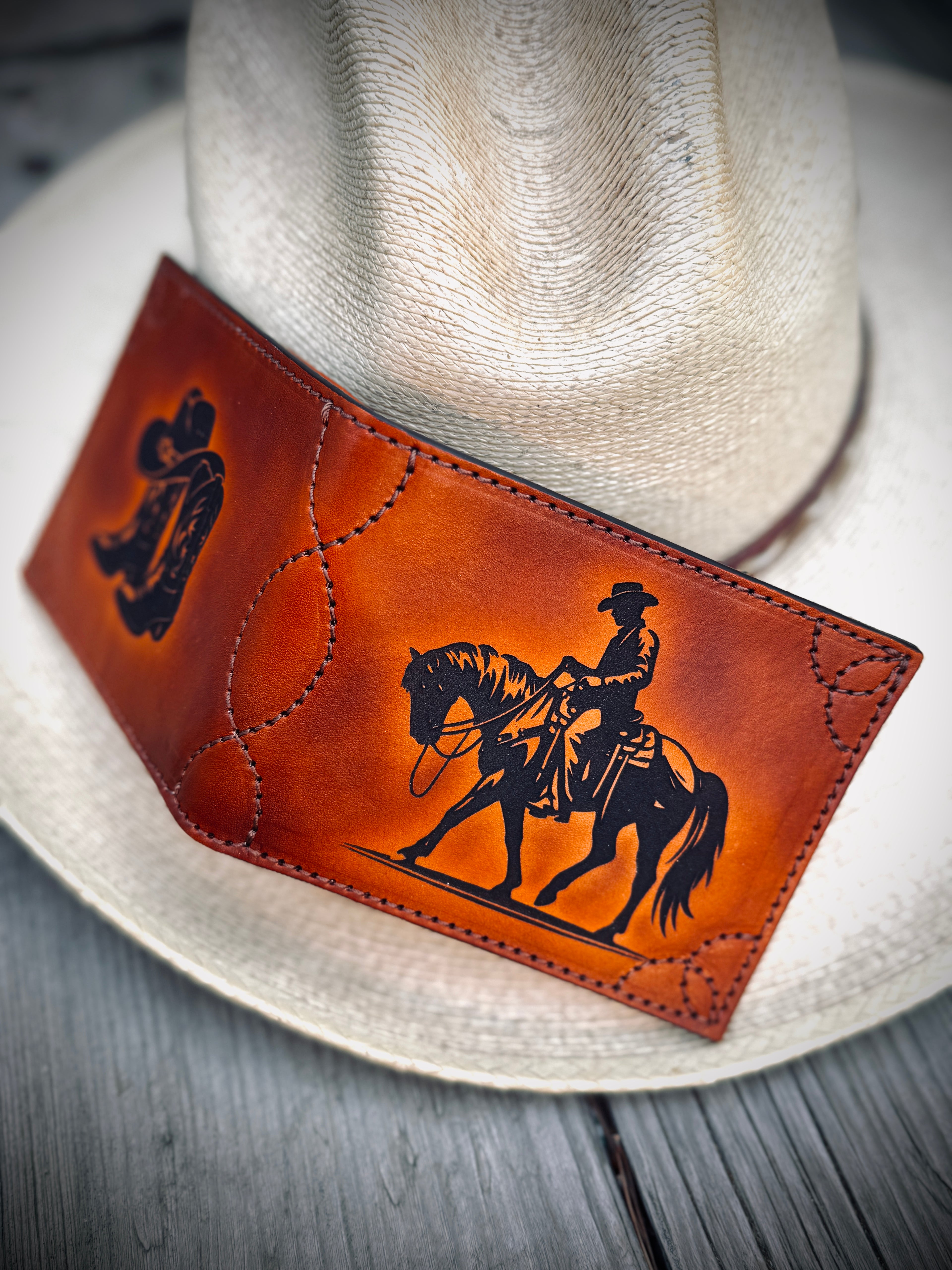 Cowboy Western Deluxe Bifold - Premium  laser engraved and stitched handmade leather wallet- Made In USA