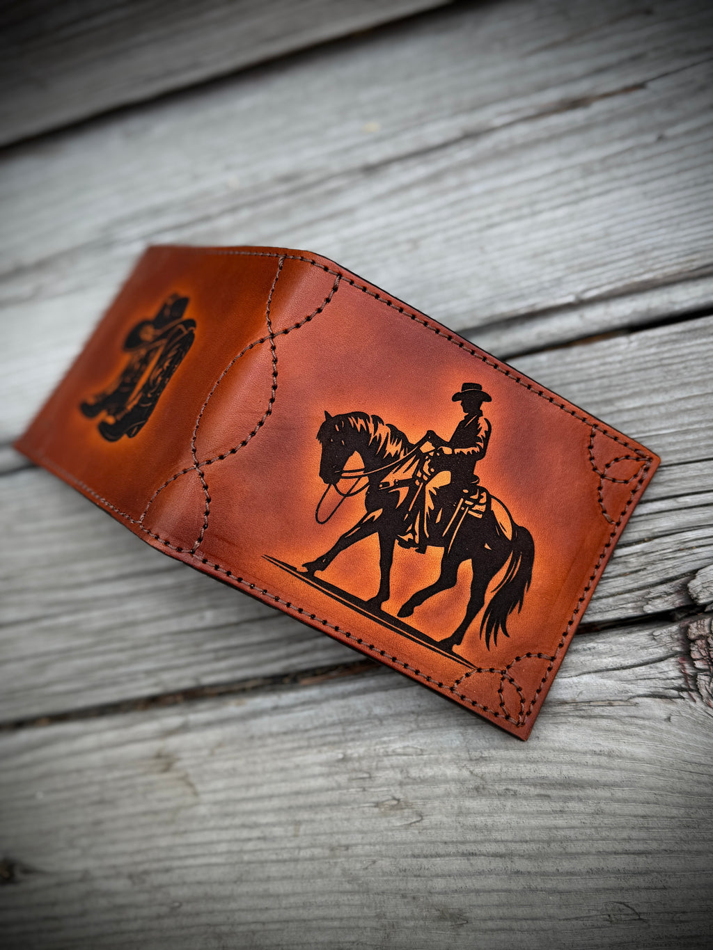 Cowboy Western Deluxe Bifold - Premium  laser engraved and stitched handmade leather wallet- Made In USA