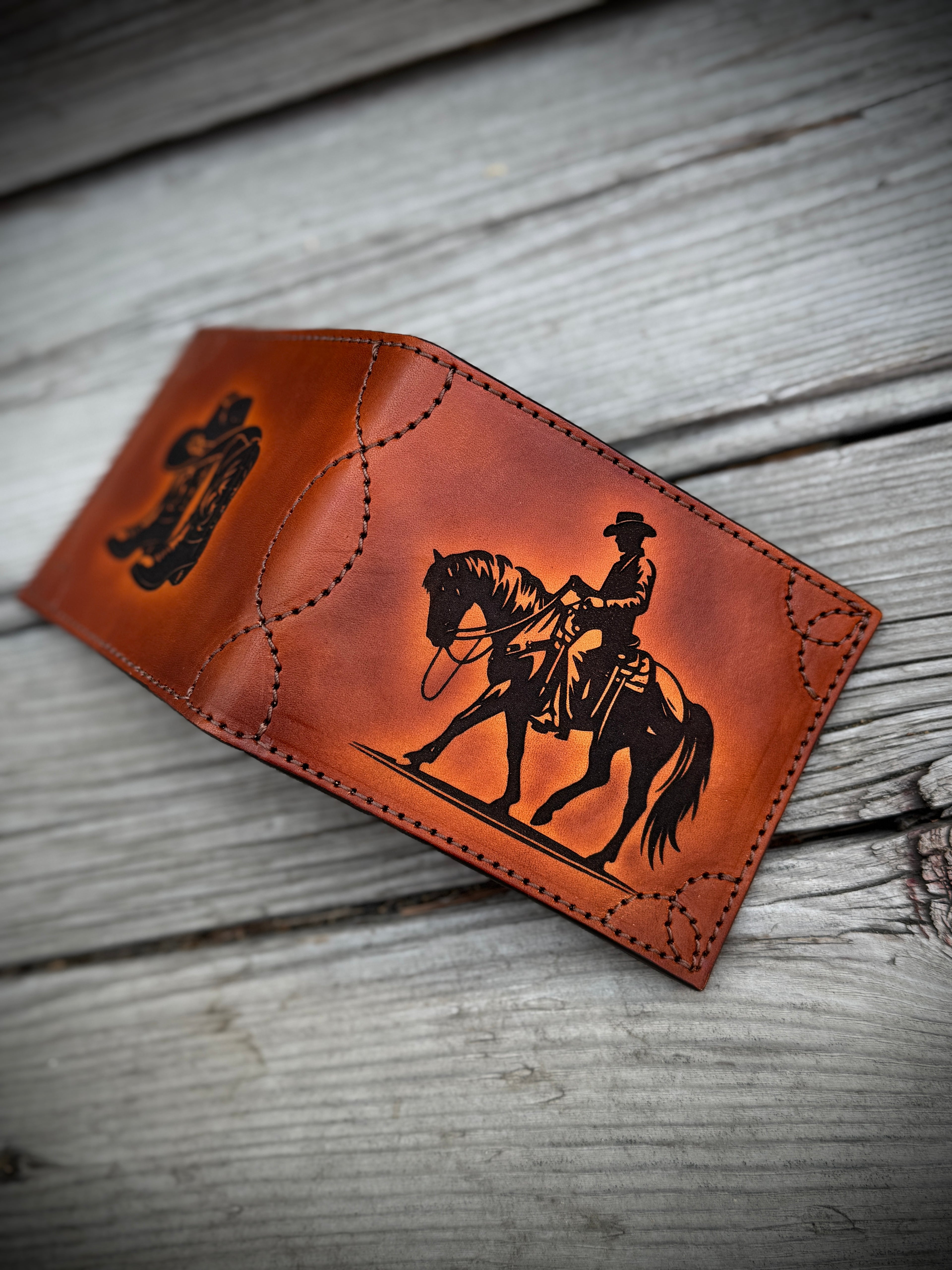 Cowboy Western Deluxe Bifold - Premium  laser engraved and stitched handmade leather wallet- Made In USA