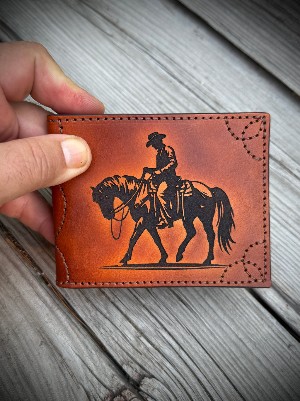Cowboy Western Deluxe Bifold - Premium  laser engraved and stitched handmade leather wallet- Made In USA
