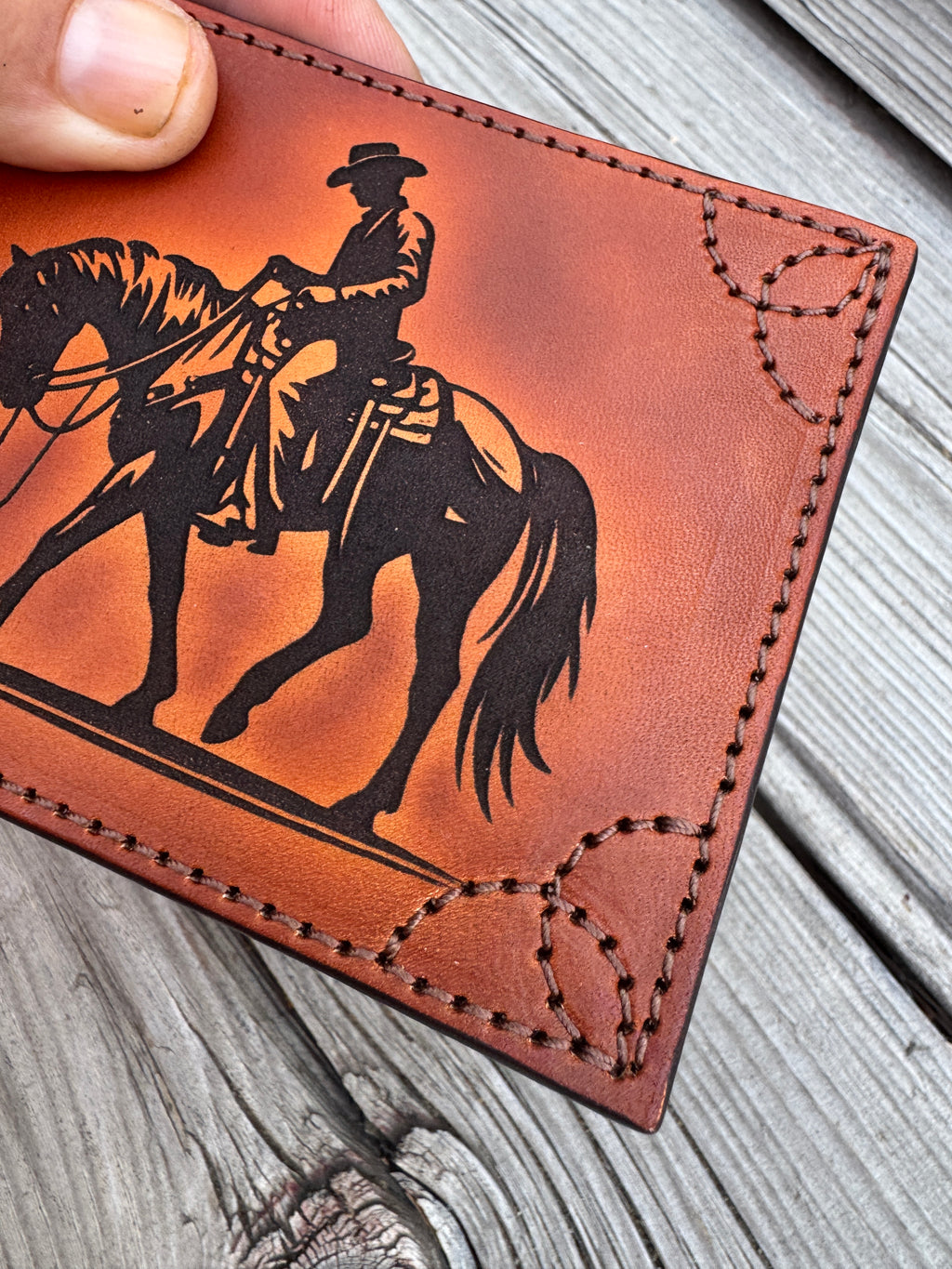 Cowboy Western Deluxe Bifold - Premium  laser engraved and stitched handmade leather wallet- Made In USA