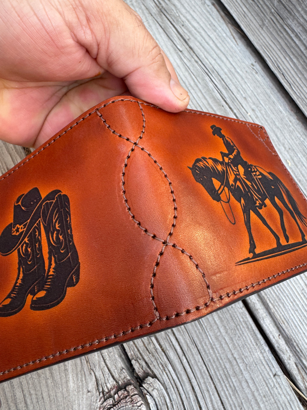 Cowboy Western Deluxe Bifold - Premium  laser engraved and stitched handmade leather wallet- Made In USA