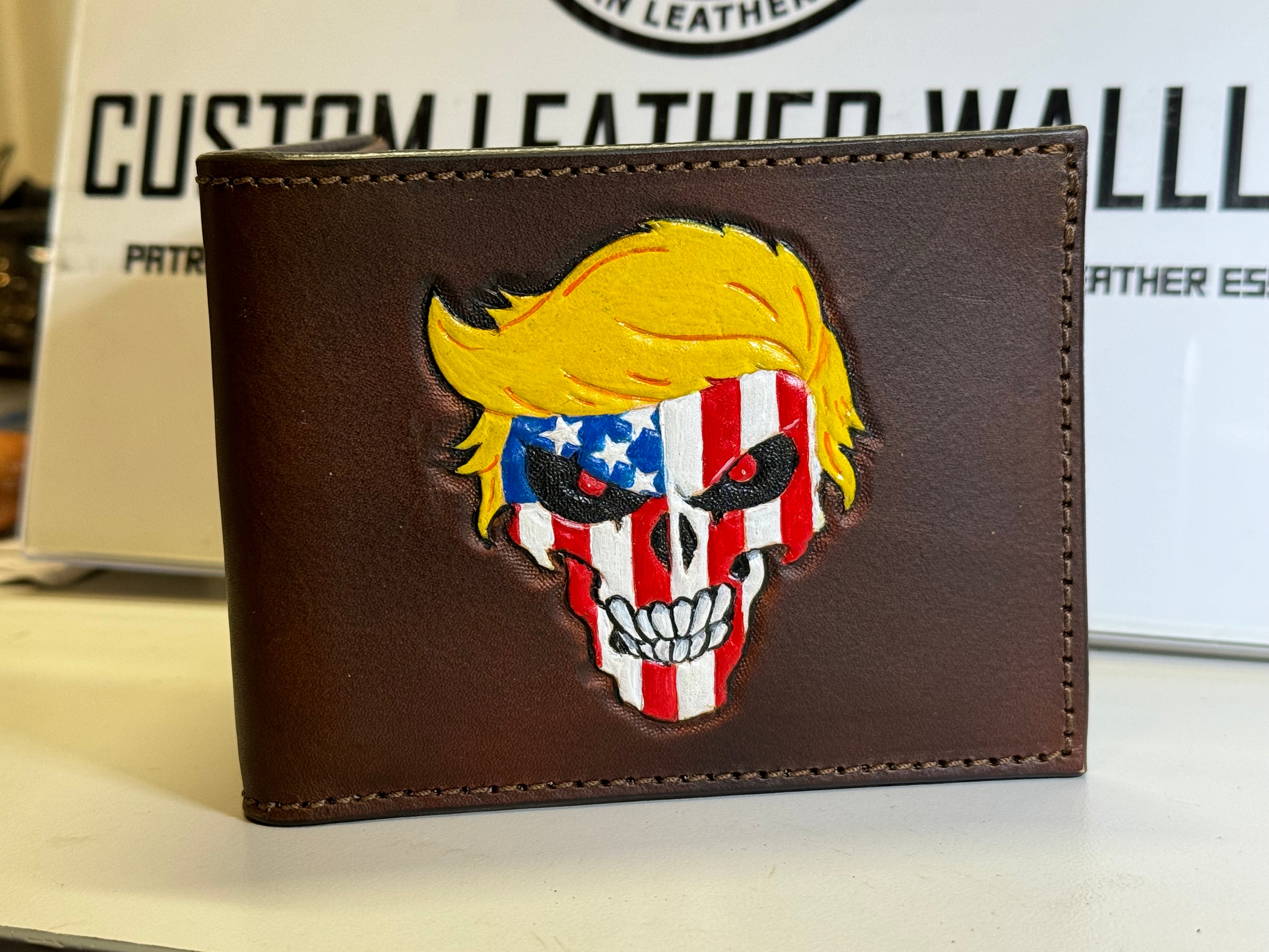 Trumpisher - Hand tooled and colored custom wallet extraordinaire