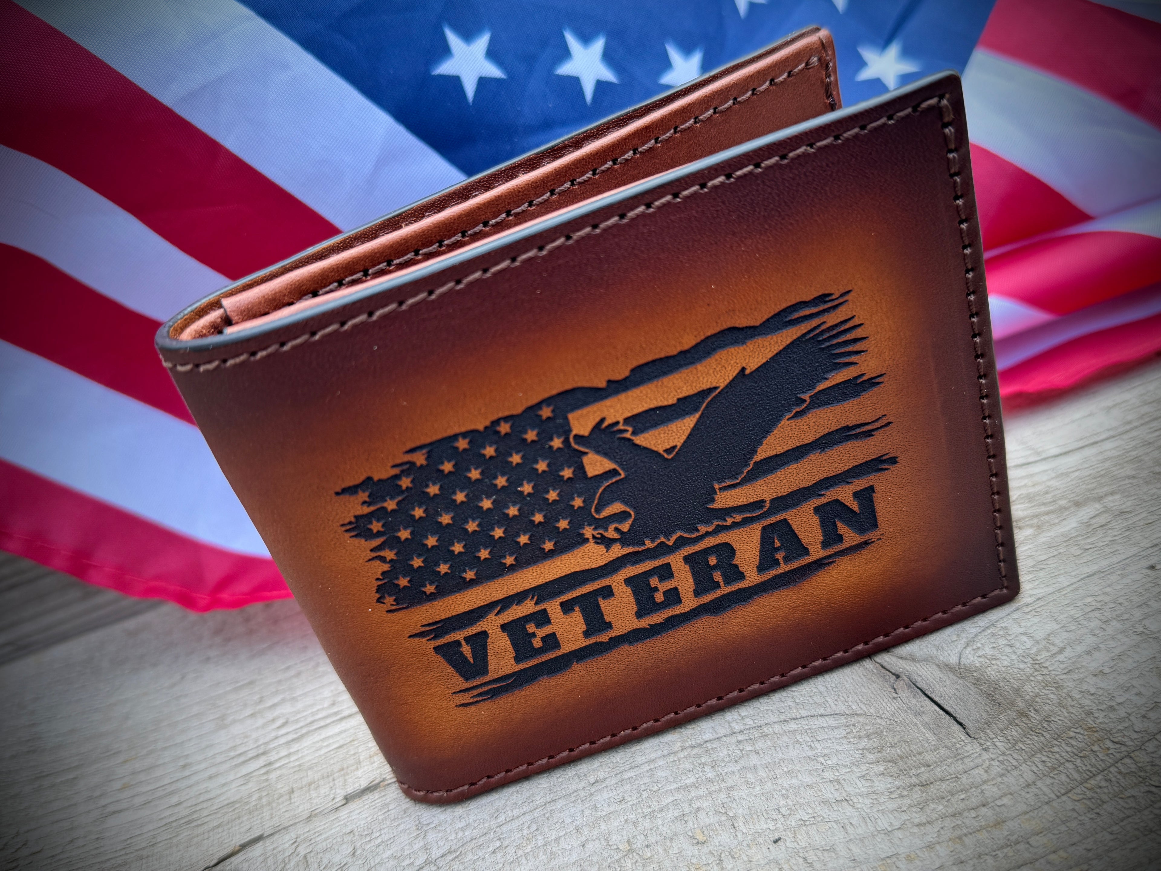 American Veteran Pride Bifold - Engraved leather premium leather wallet / Made in USA