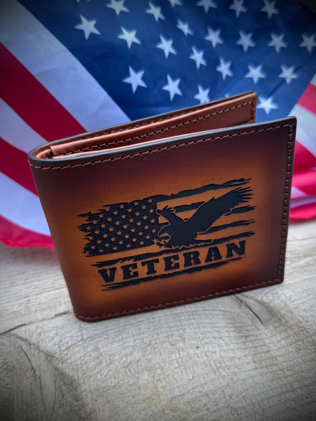American Veteran Pride Bifold - Engraved leather premium leather wallet / Made in USA